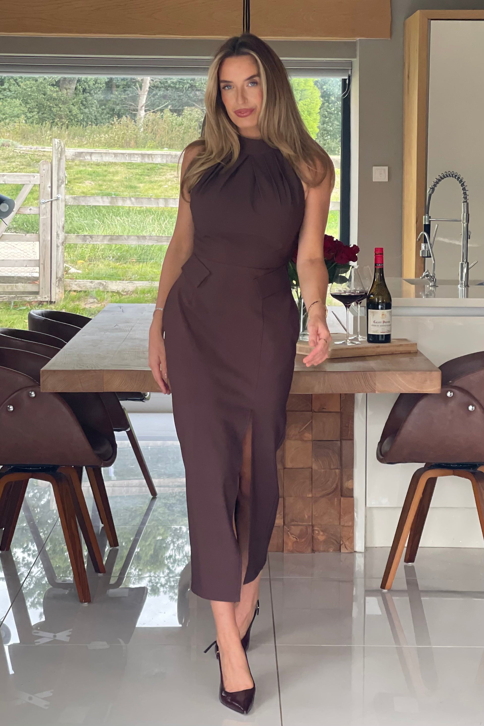 brown high neck midi dress Feodora