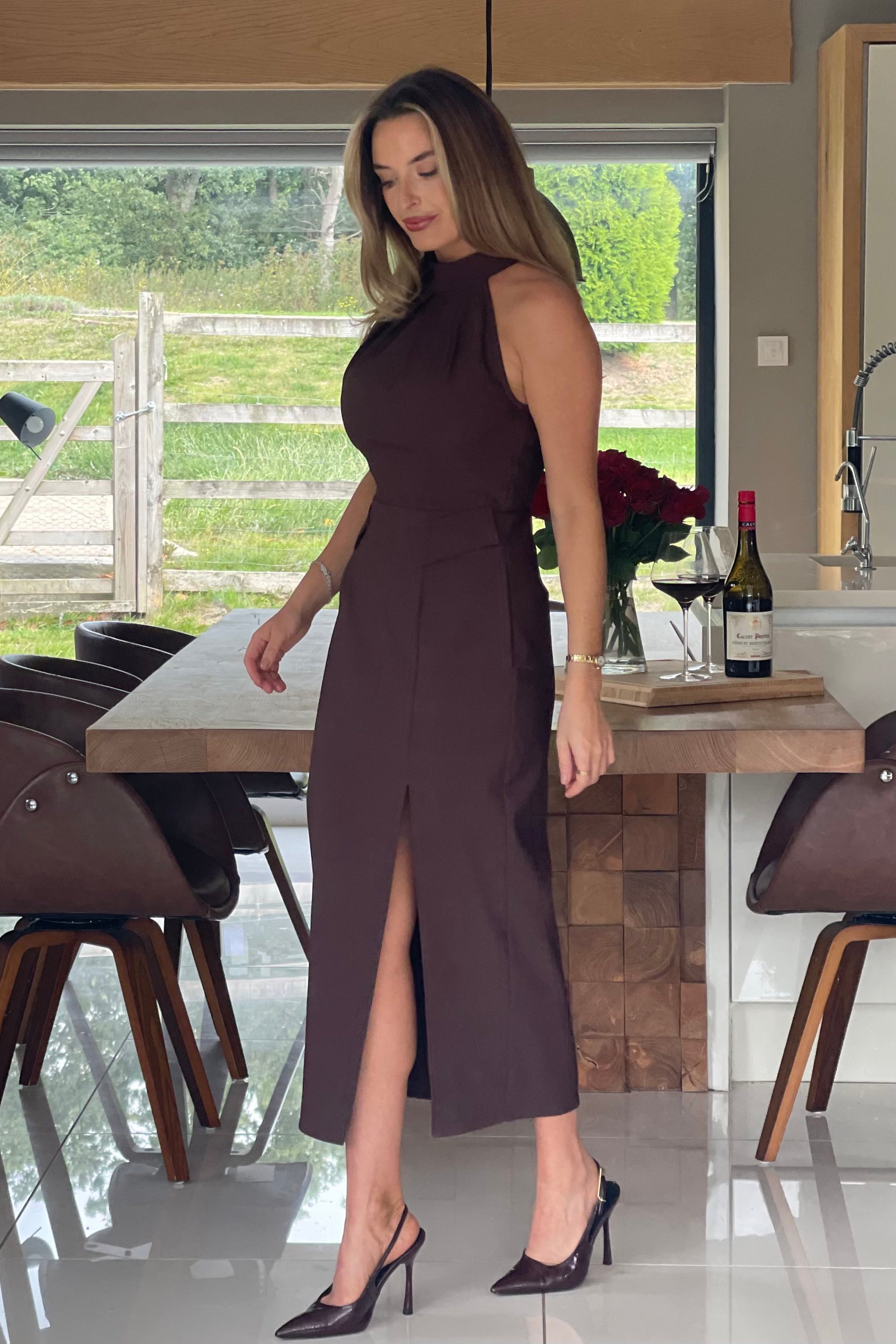 Eris Pocket Detail High Neck Midi Dress Brown Girl In Mind Eris Pocket Detail High Neck Midi Dress Brown Girl In Mind