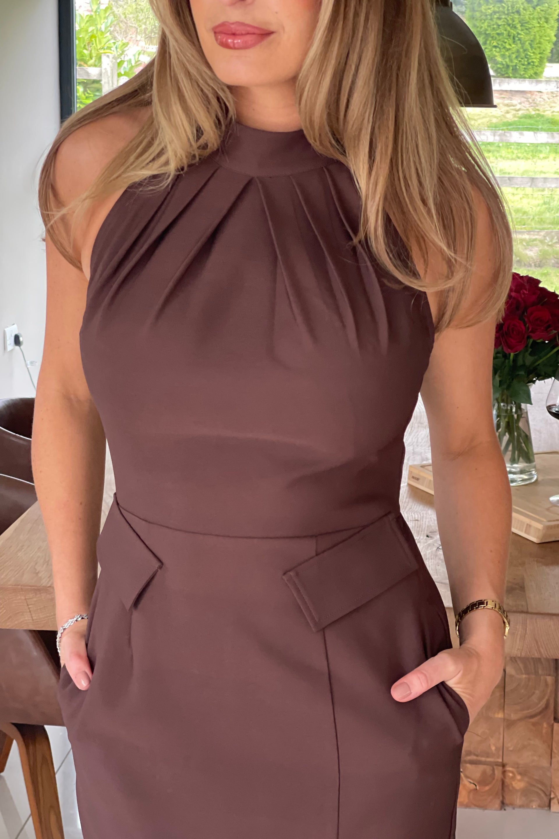 Eris Pocket Detail High Neck Midi Dress Brown – Girl In Mind Eris Pocket Detail High Neck Midi Dress Brown – Girl In Mind