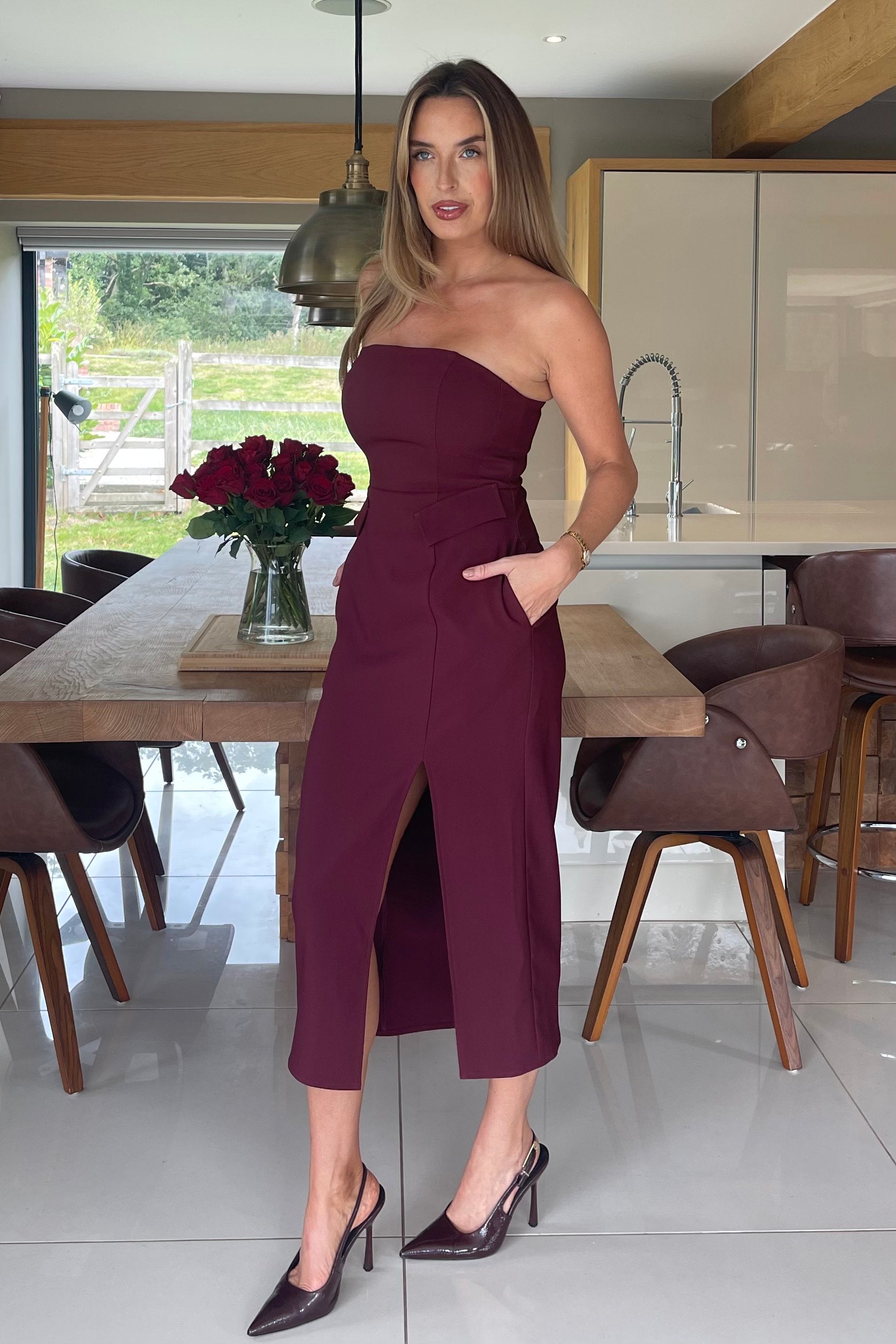 Elain Bandeau Front Split Bodycon Midi Dress Berry Girl In Mind Elain Bandeau Front Split Bodycon Midi Dress Berry Girl In Mind