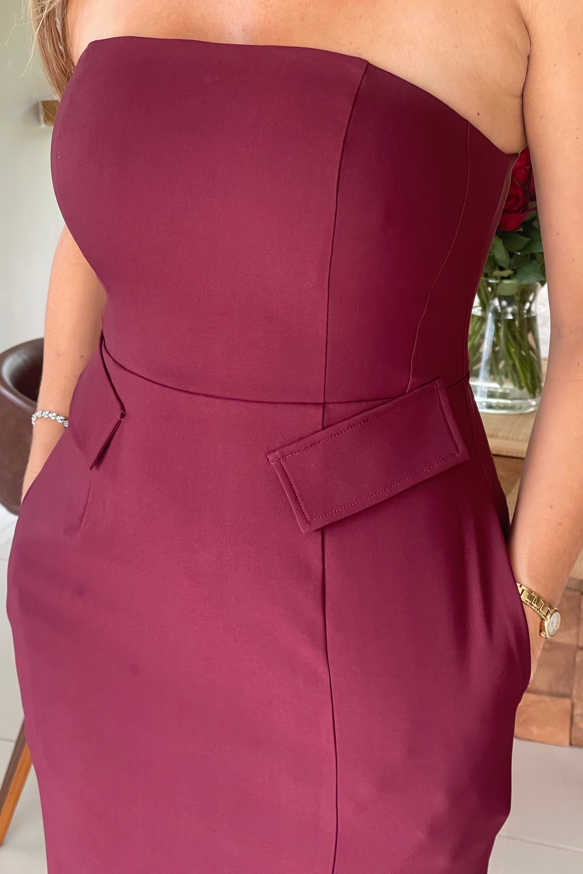 Elain Bandeau Front Split Bodycon Midi Dress Berry Girl In Mind Elain Bandeau Front Split Bodycon Midi Dress Berry Girl In Mind