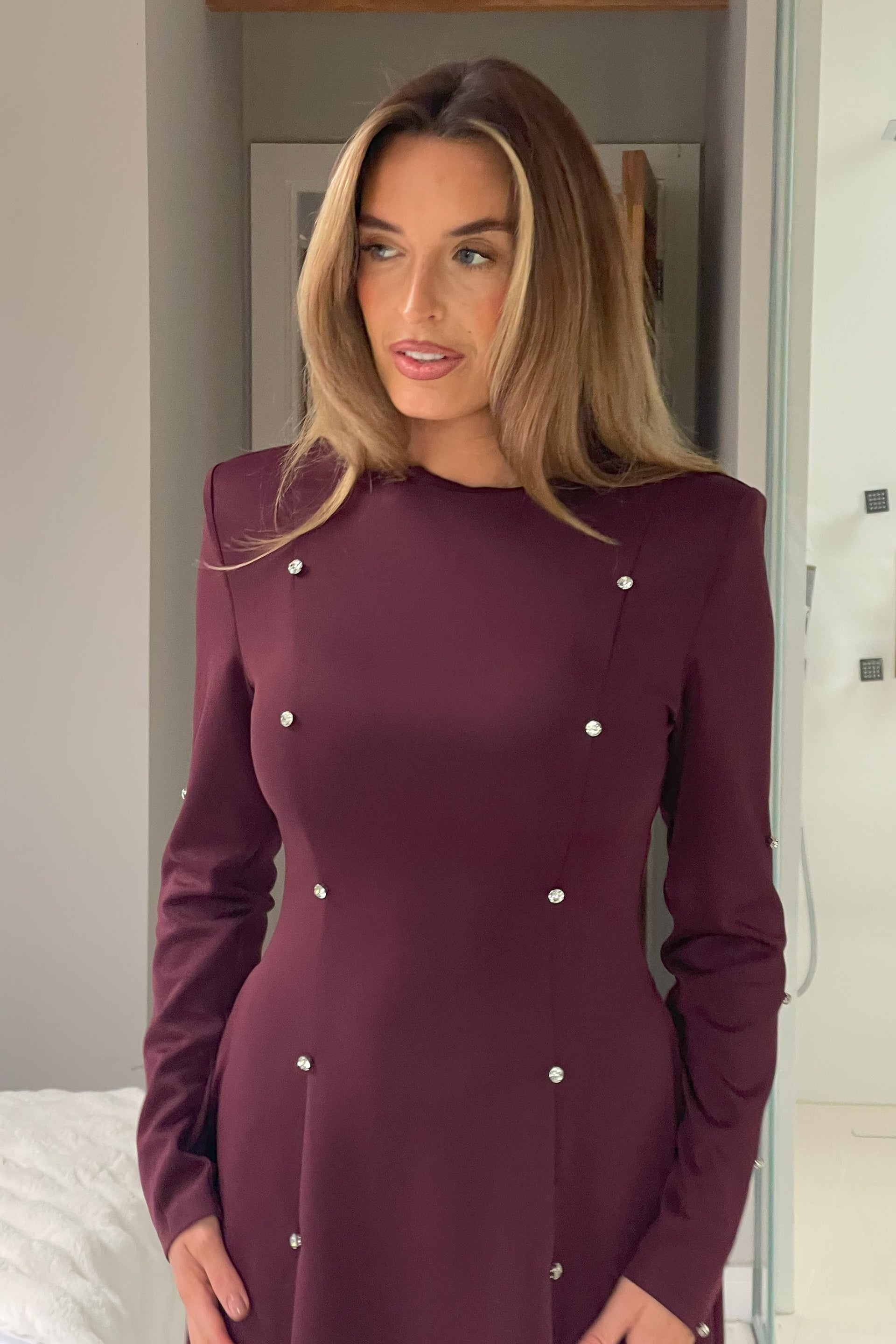 Morrigan Studded Long Sleeve Mini Dress Plum