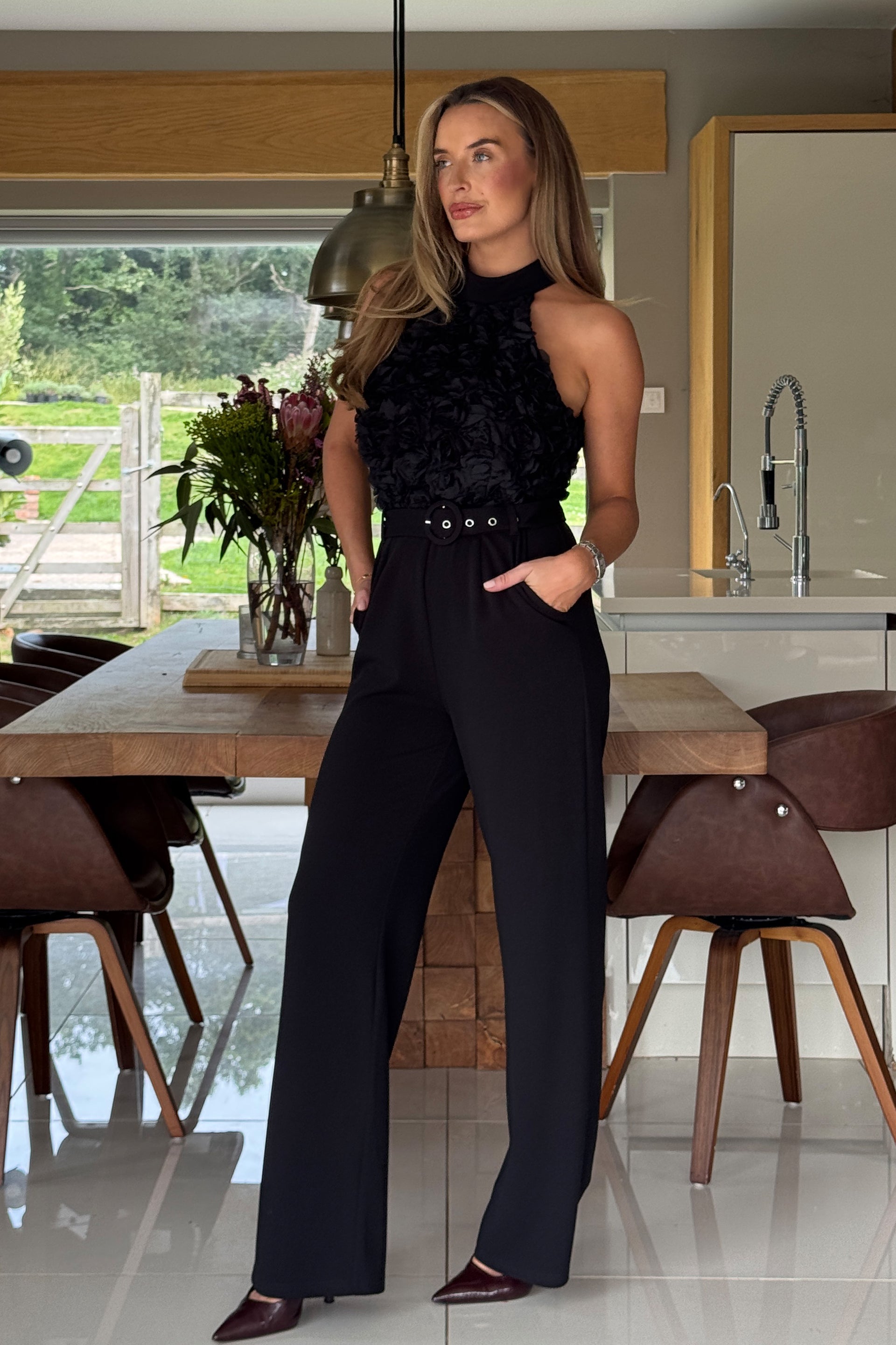 Amren 3D Floral Halter Neck Jumpsuit Black