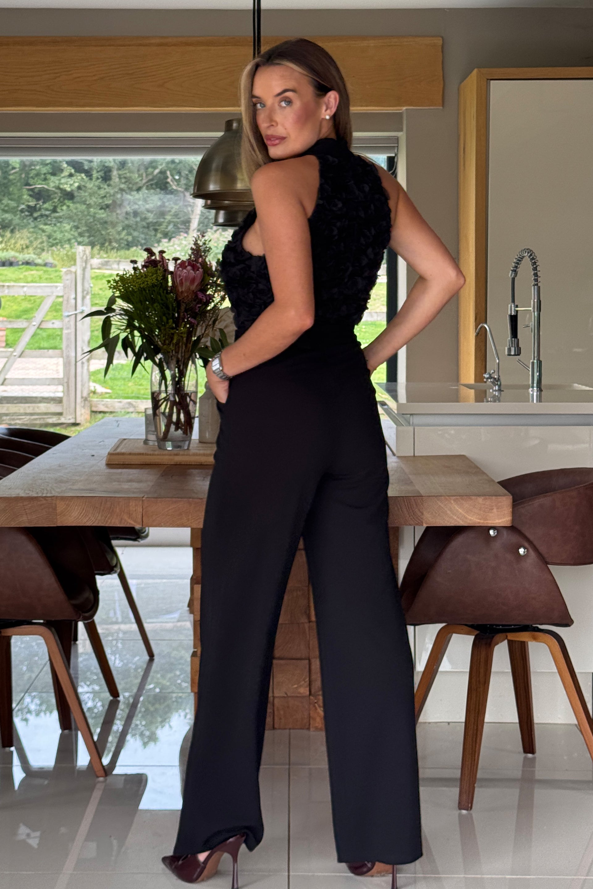 Amren 3D Floral Halter Neck Jumpsuit Black
