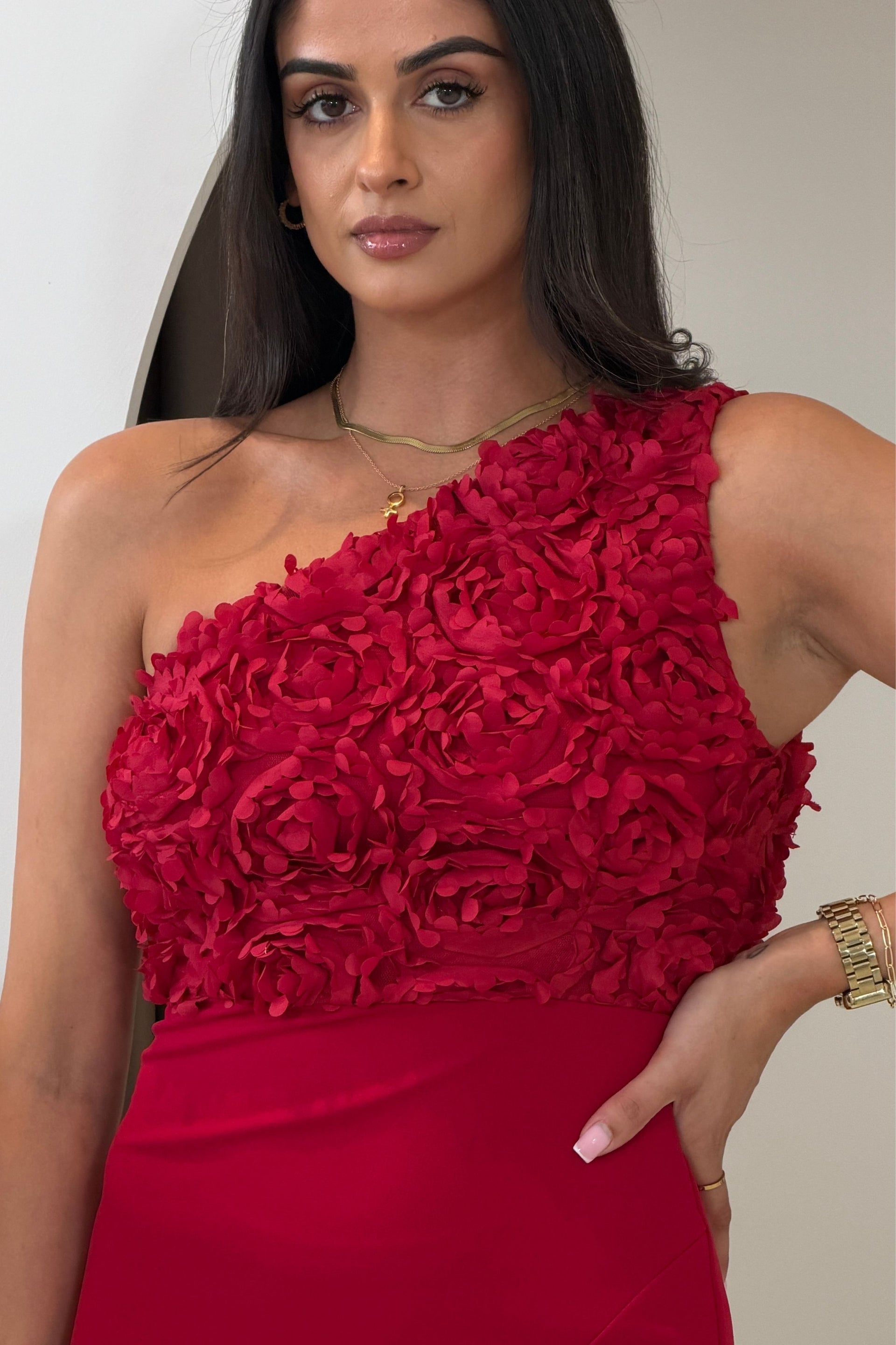 Gwyneth 3D Floral One Shoulder Midi Dress Red