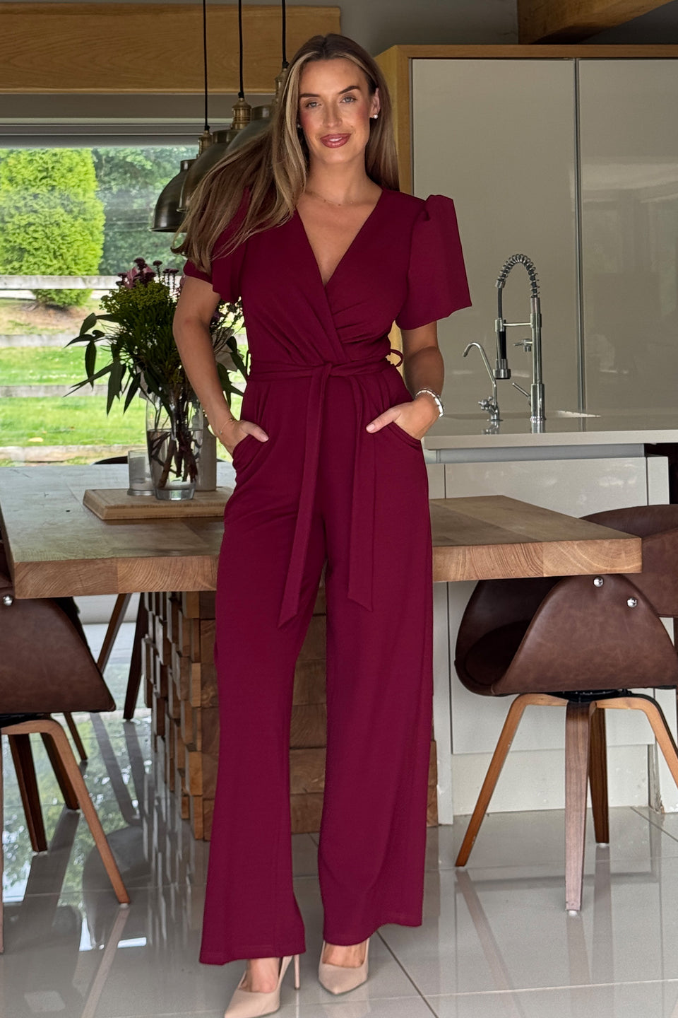 Drew Wrap Neck Puff Sleeve Jumpsuit Berry