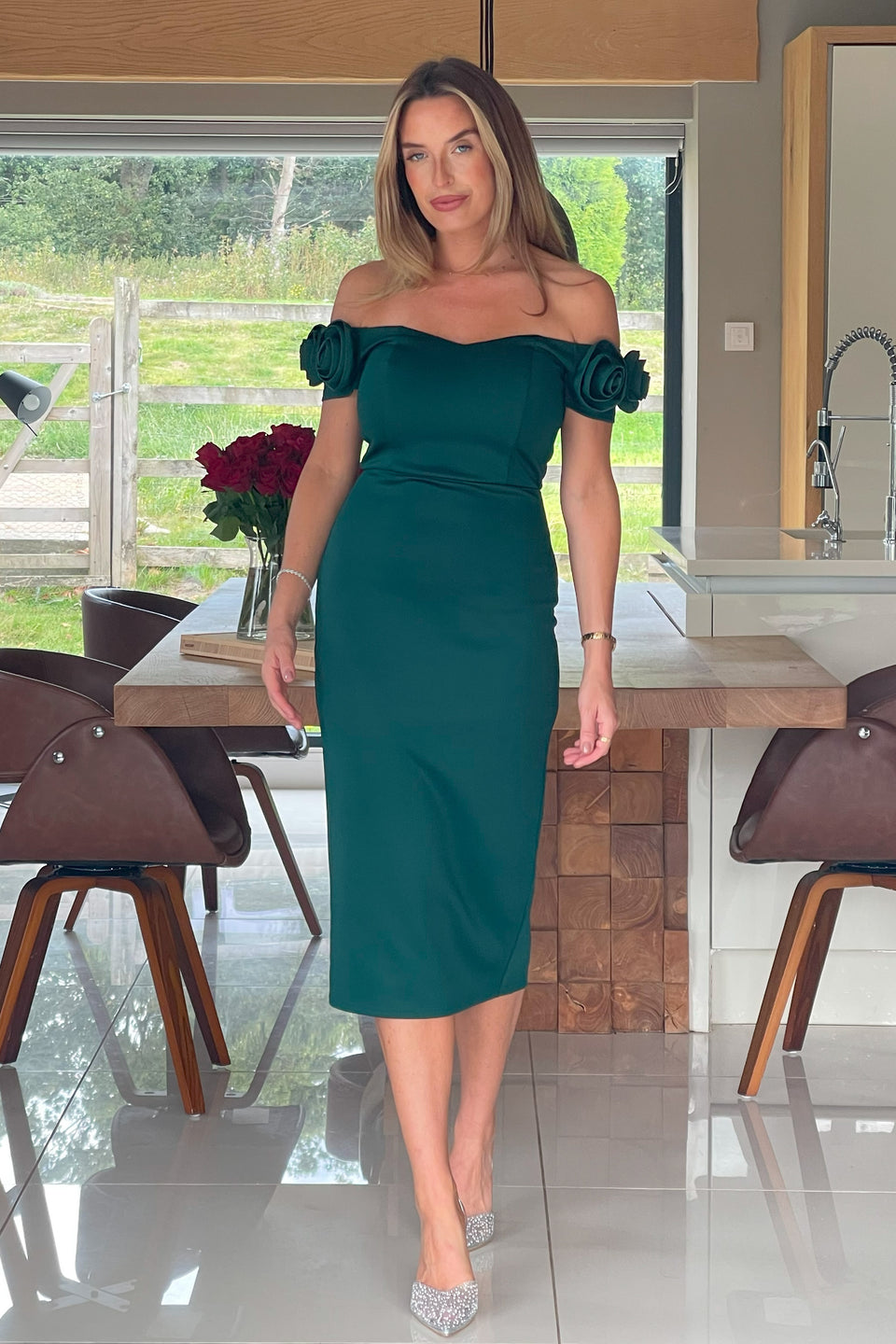 Alice 3D Floral Detail Off The Shoulder Midi Dress Emerald Green