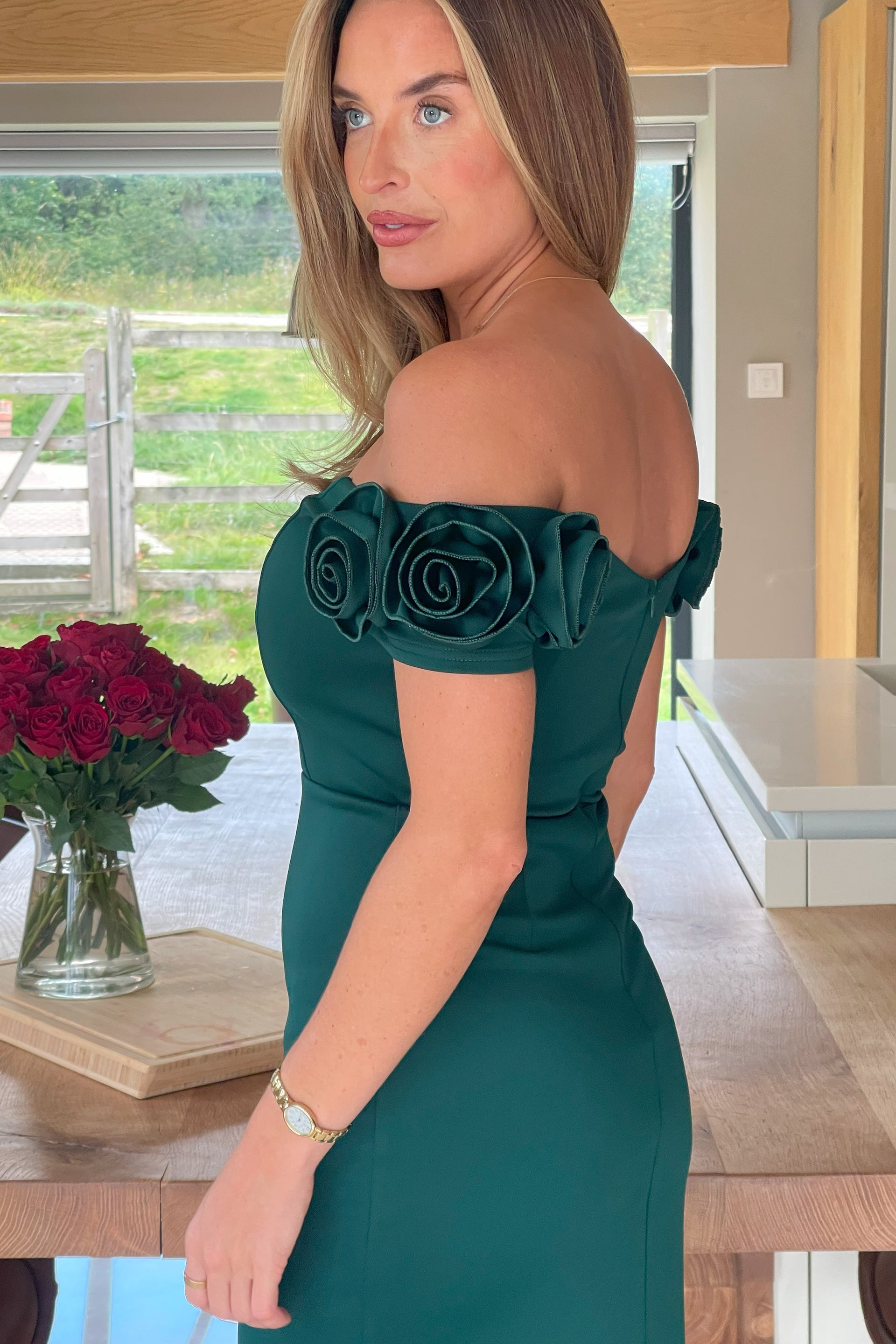 Alice 3D Floral Detail Off The Shoulder Midi Dress Emerald Green Girl In Mind Alice 3D Floral Detail Off The Shoulder Midi Dress Emerald Green Girl In Mind