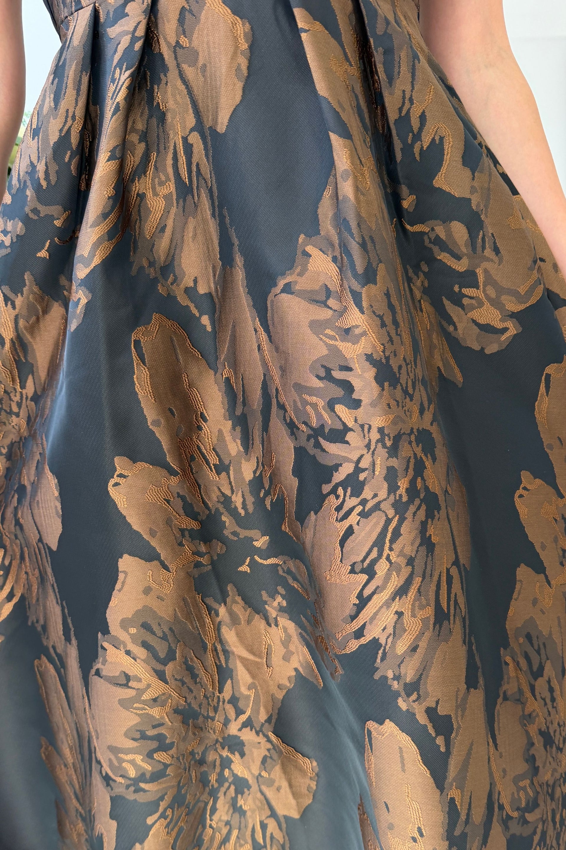 Jesinia Brown Jacquard V Neck Midi Dress