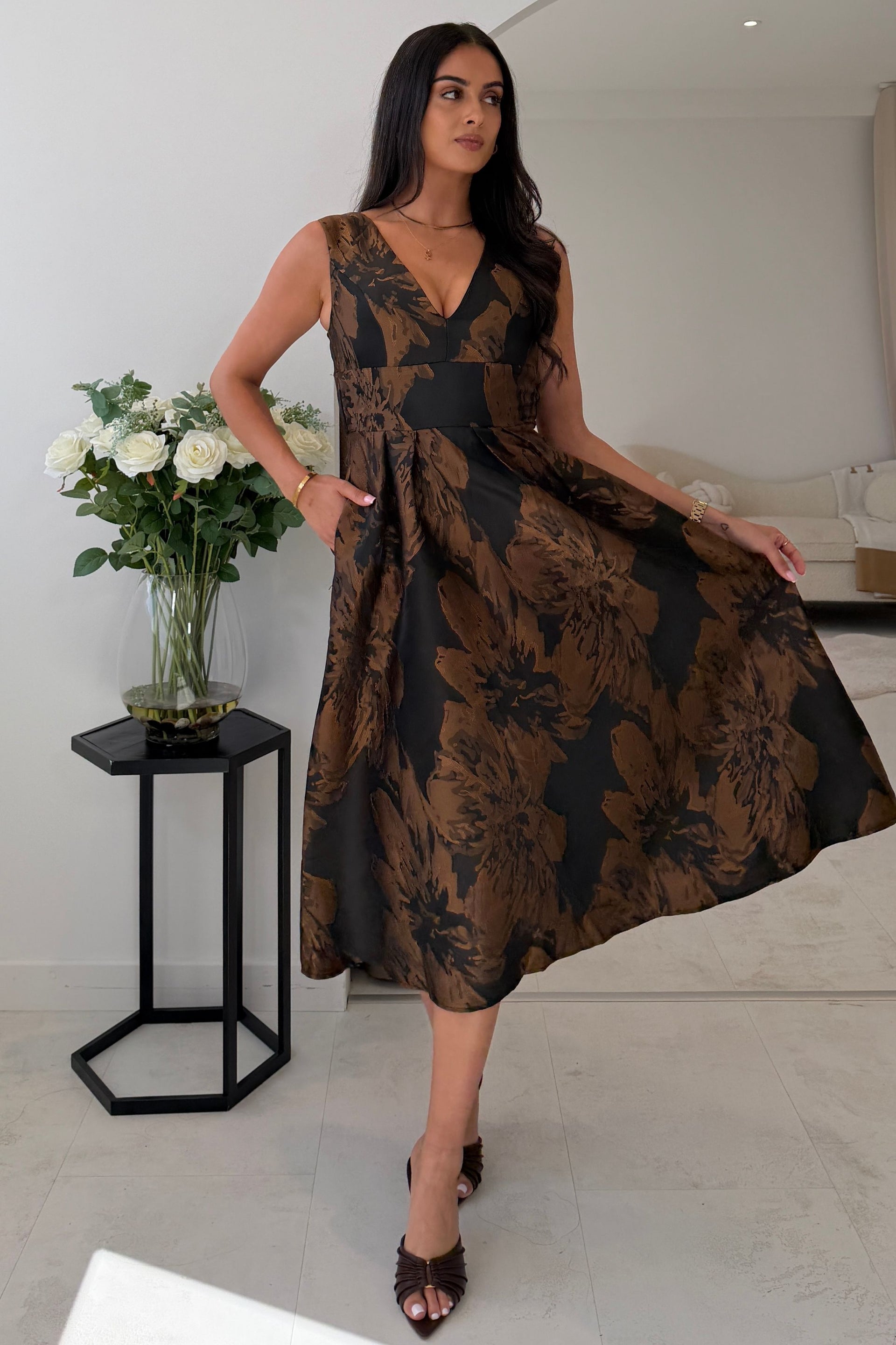 Jesinia Brown Jacquard V Neck Midi Dress