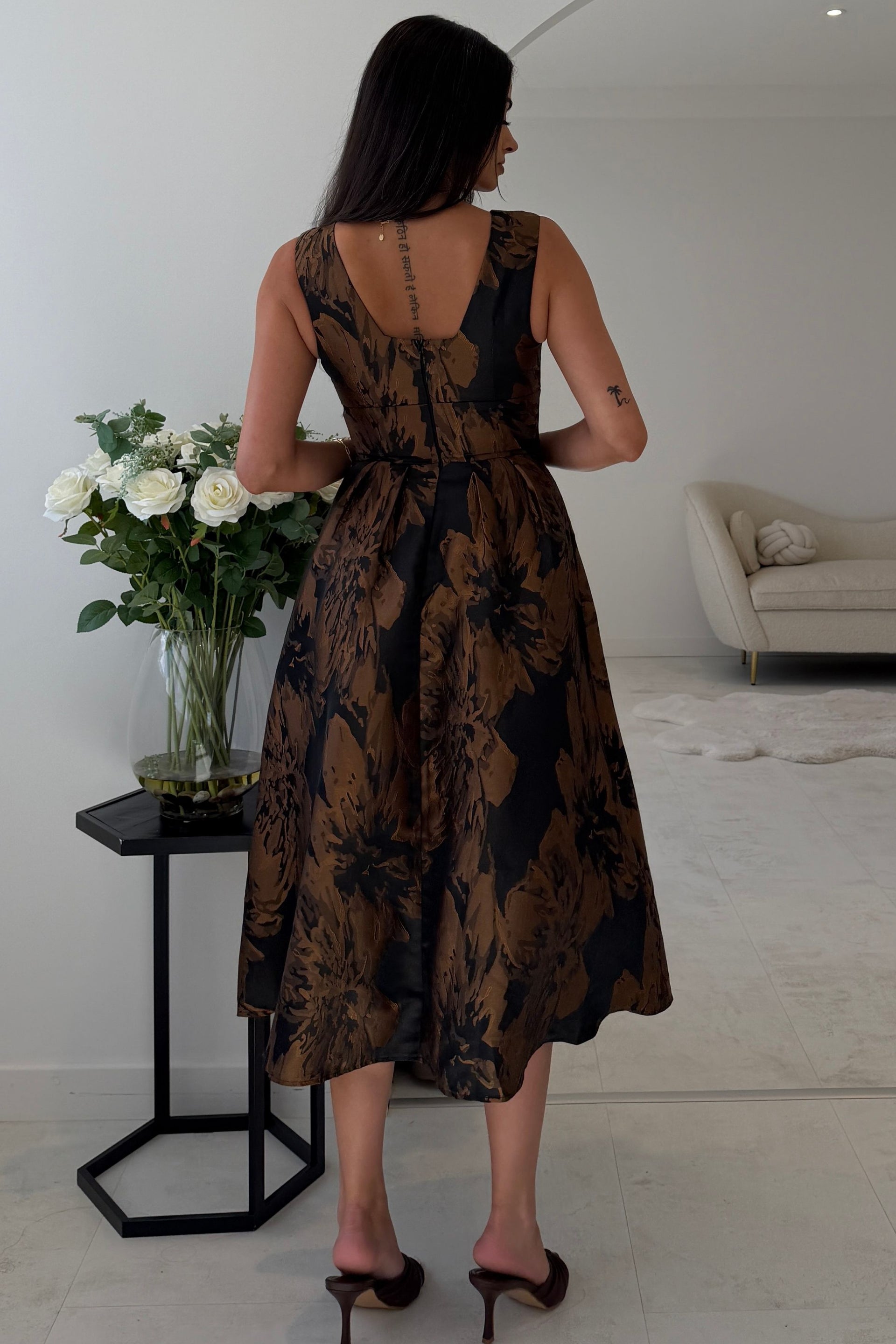 Jesinia Brown Jacquard V Neck Midi Dress