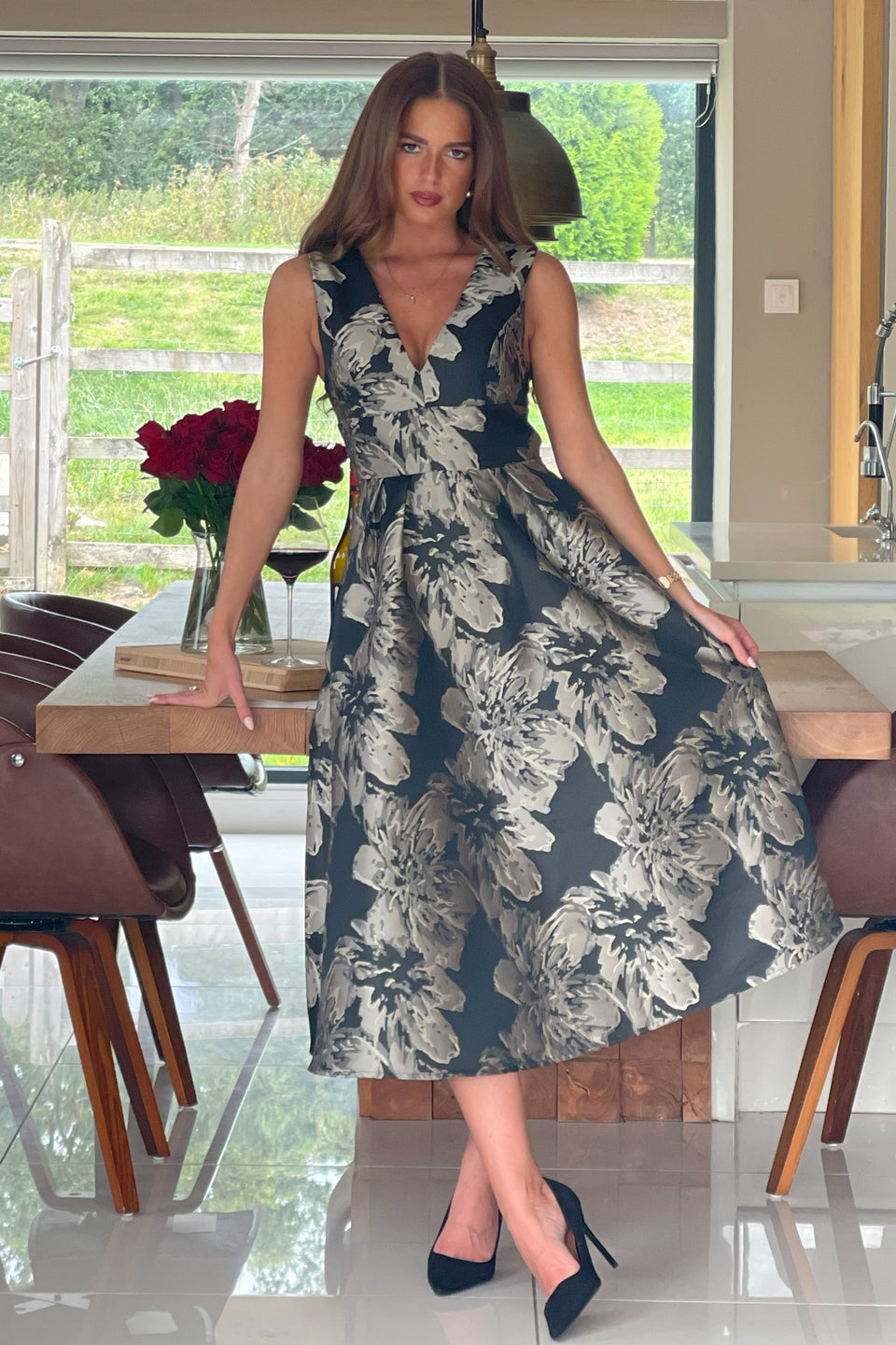 Jesinia Black And Gold Jacquard V Neck Midi Dress