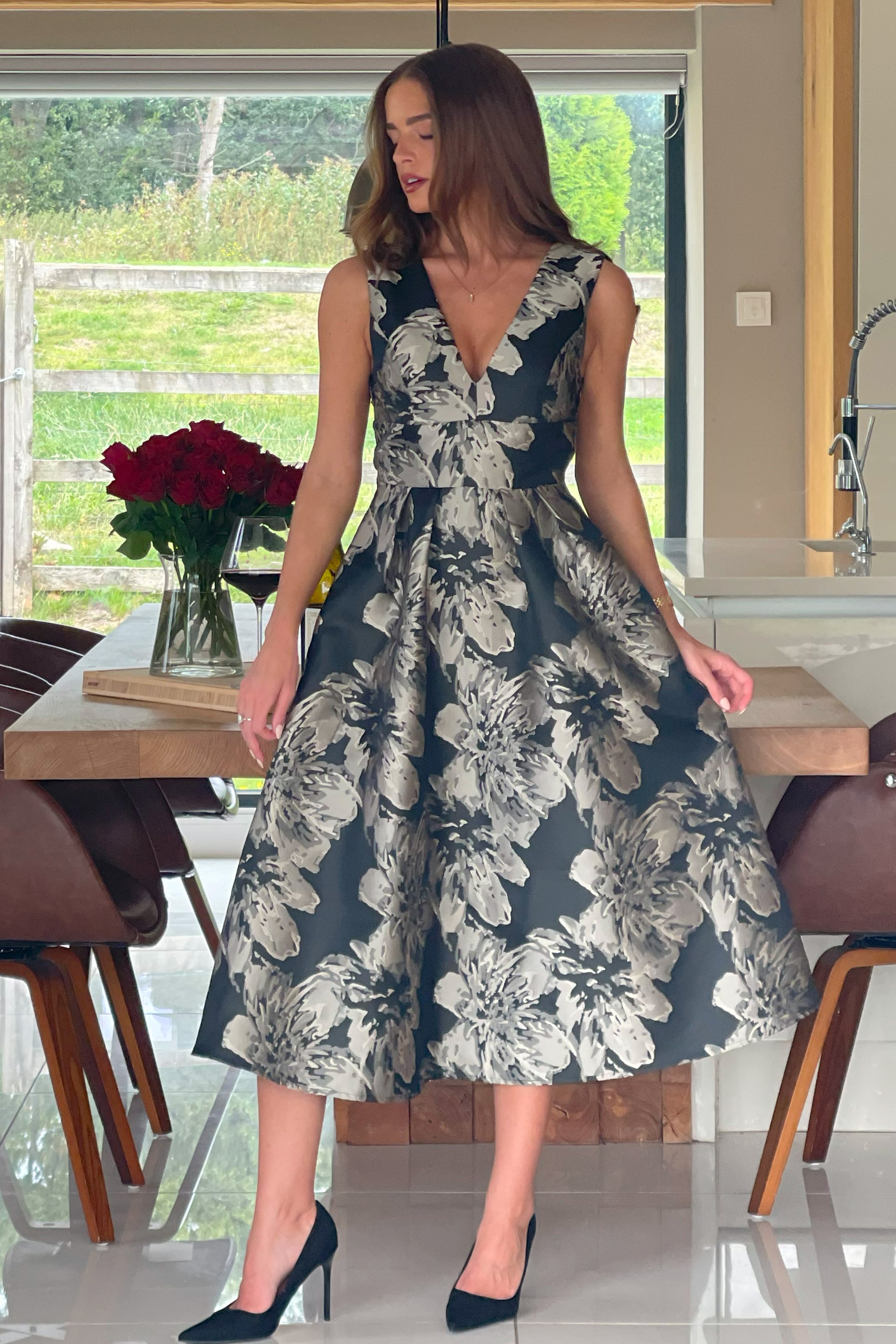 Jesinia Black And Gold Jacquard V Neck Midi Dress