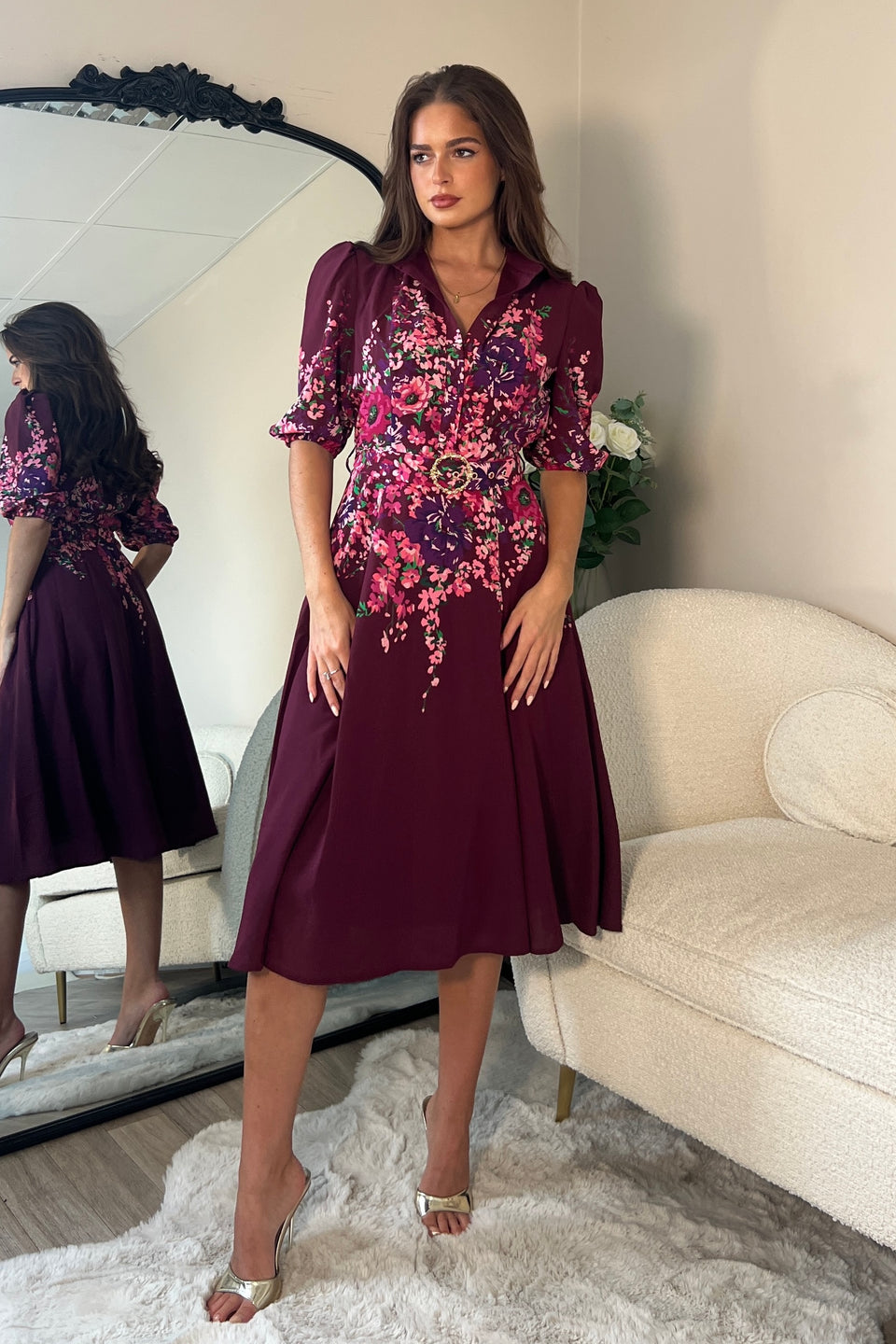 Holland Boarder Print Midi Dress Plum Floral