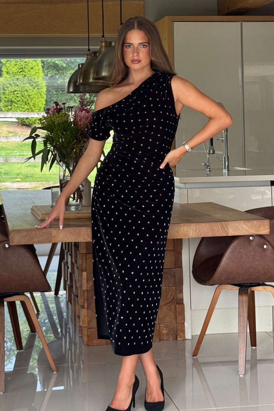Donna Asymmetric Neckline Midi Dress Beaded Velvet