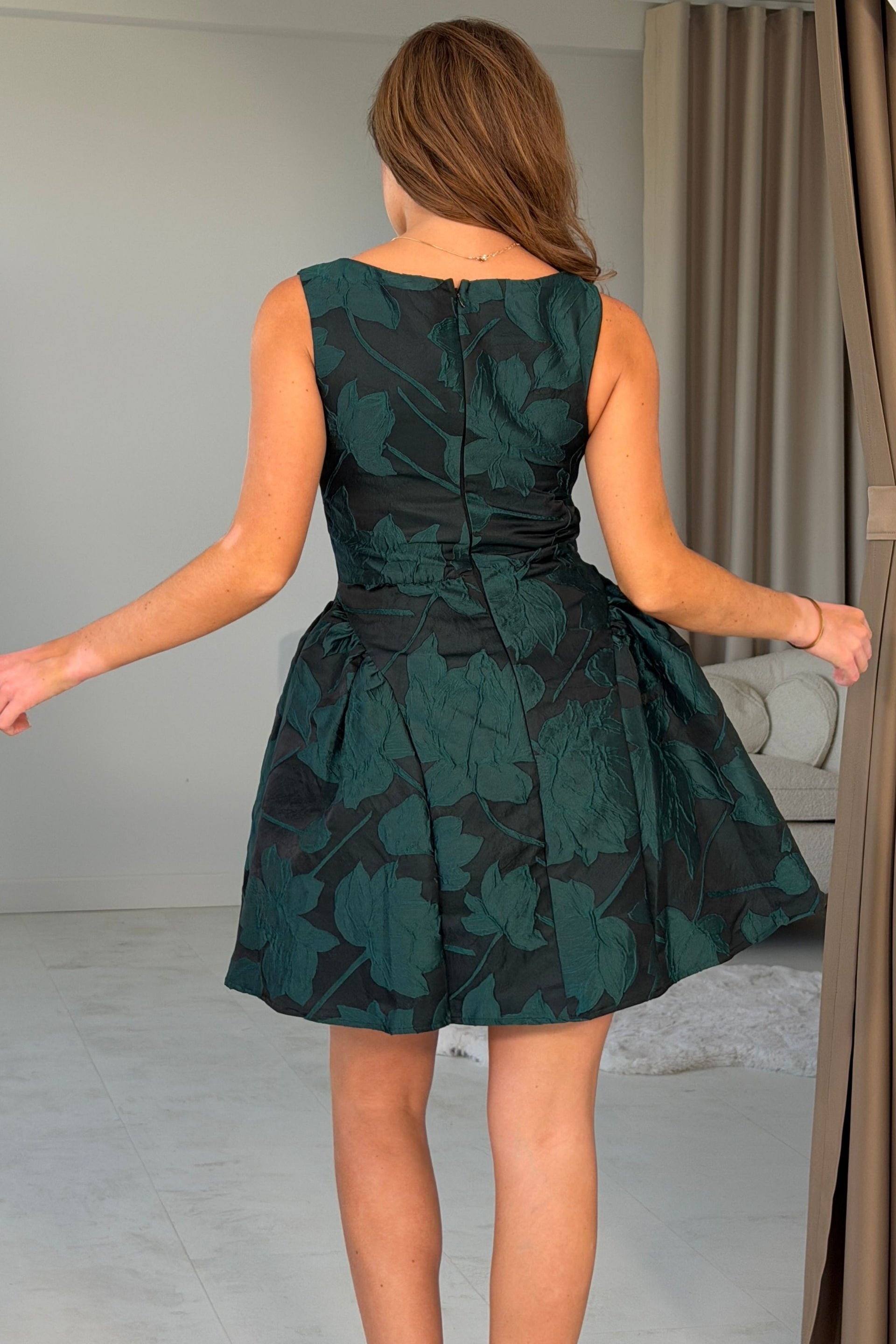Suri Floral Jacquard Dropped Waist Mini Dress Green
