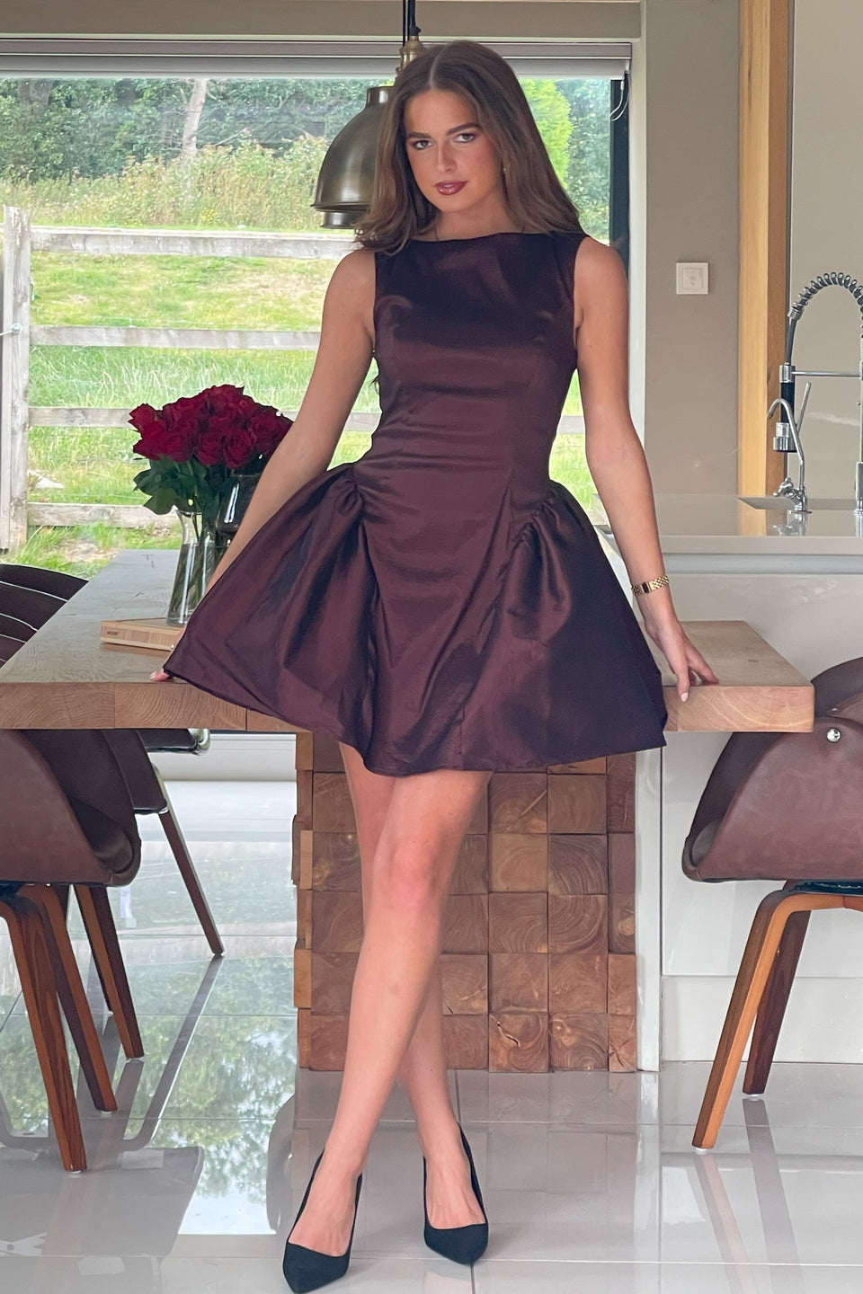 Suri Dropped Waist Mini Dress Brown