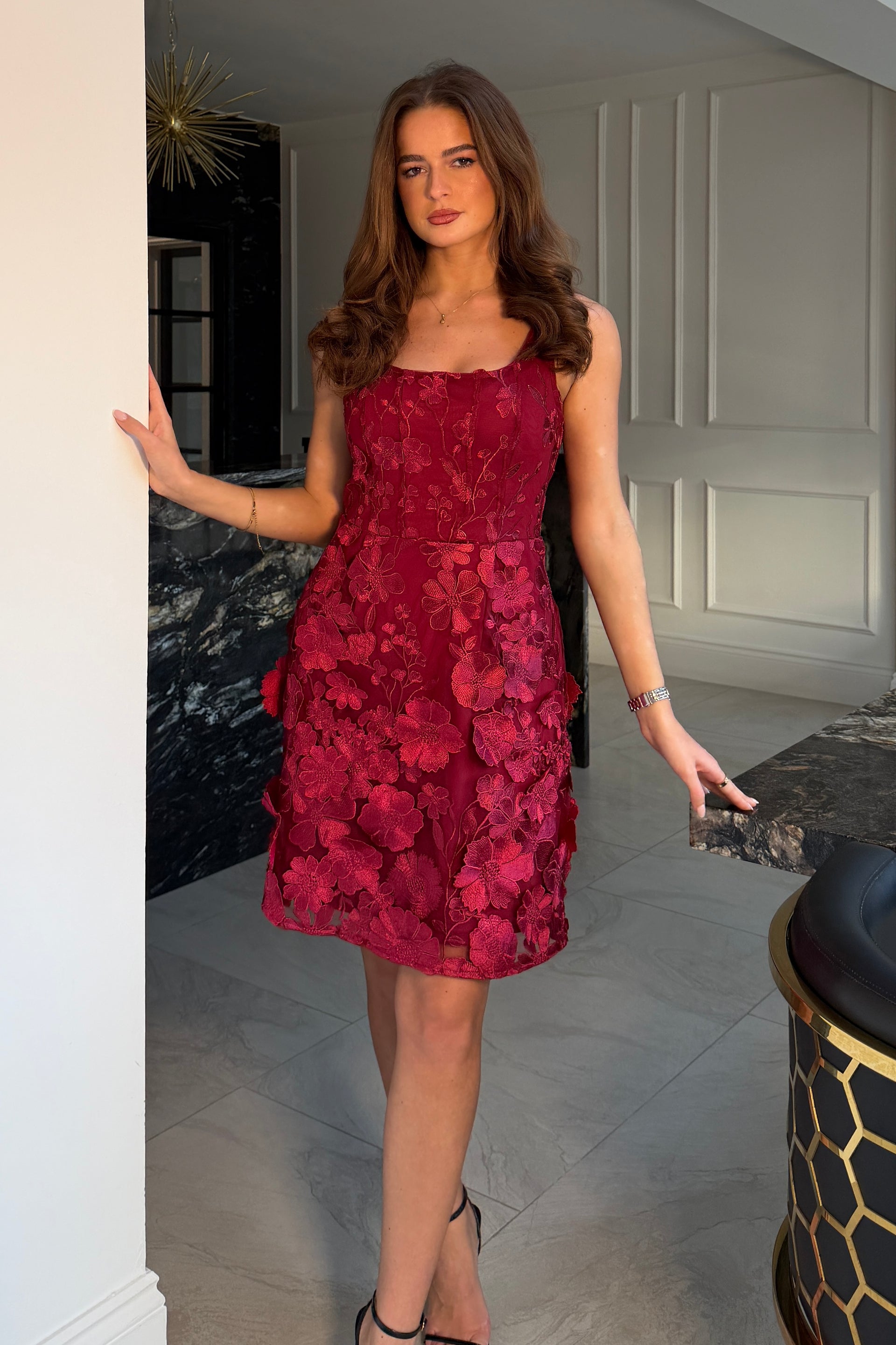 Celeste 3D Floral Square Neck Mini Dress Berry