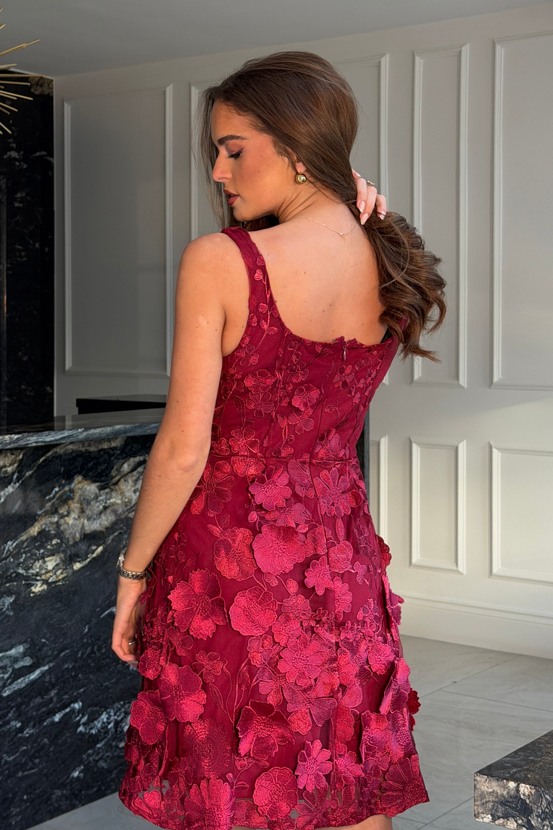 Celeste 3D Floral Square Neck Mini Dress Berry