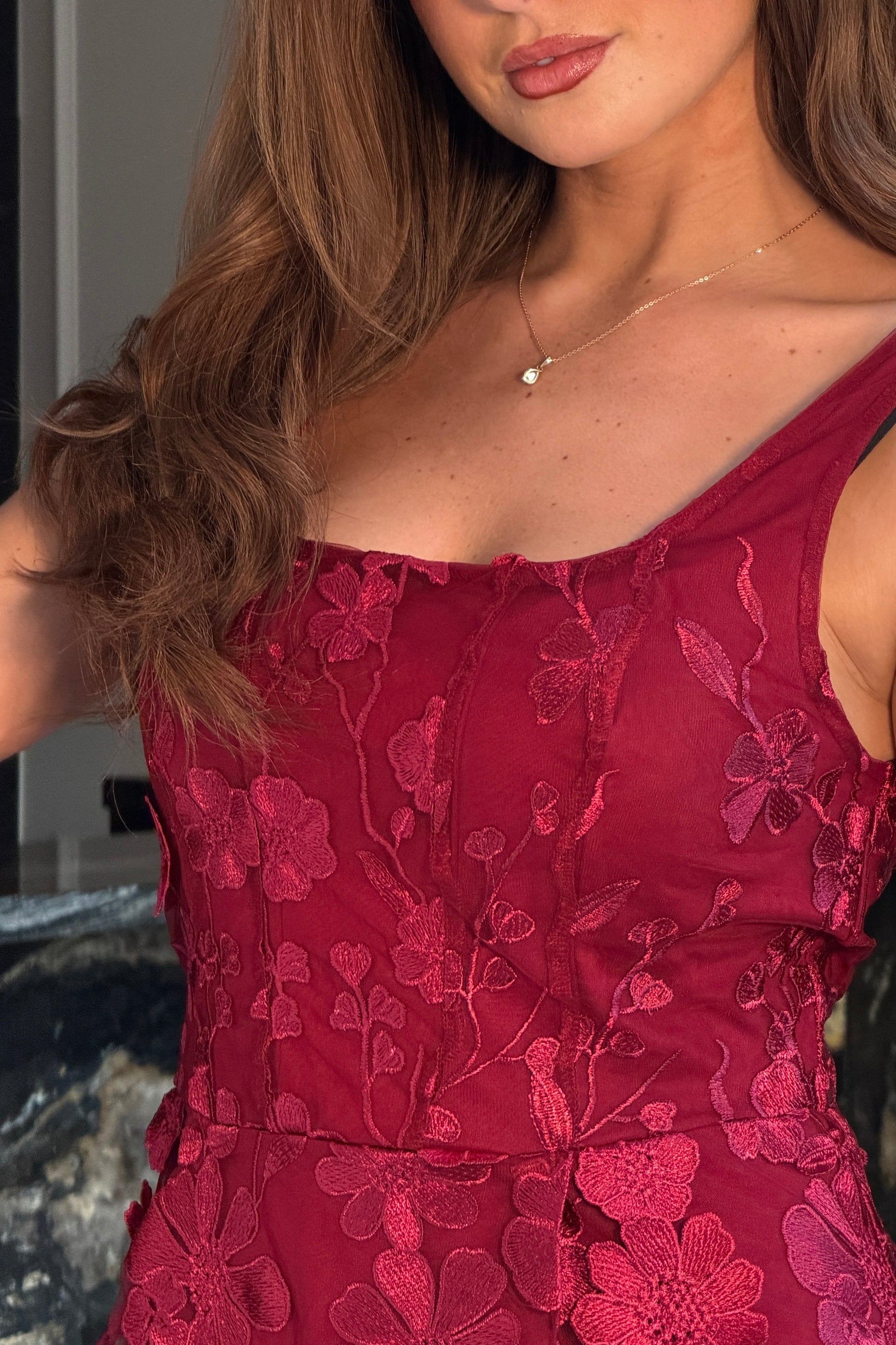 open lace back dress 3d Flower Corset Sequin A Line Mini Dress in Burgundy – CHICIDA main image 0