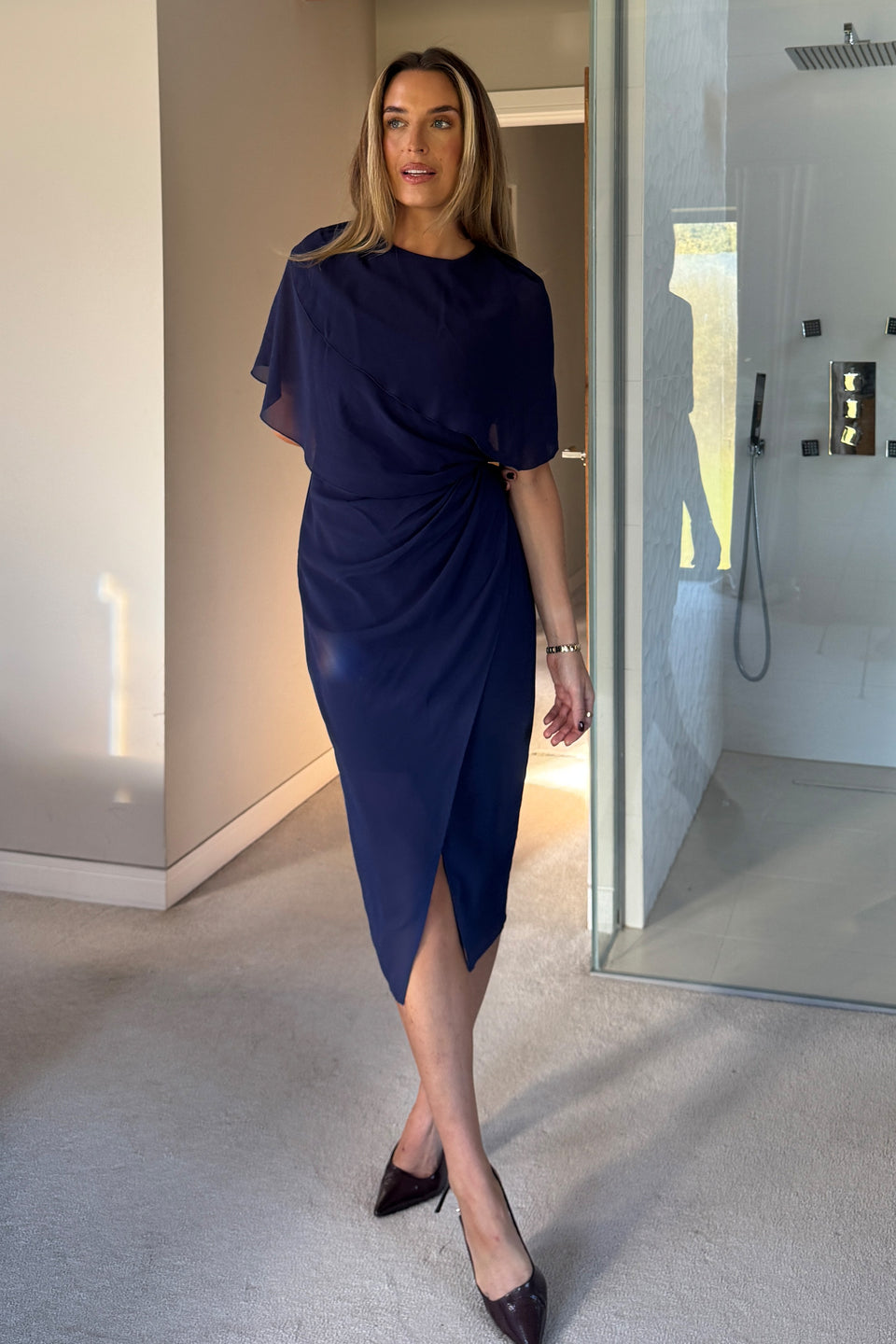 Vivienne Cape Detail Wrap Skirt Midi Dress Navy