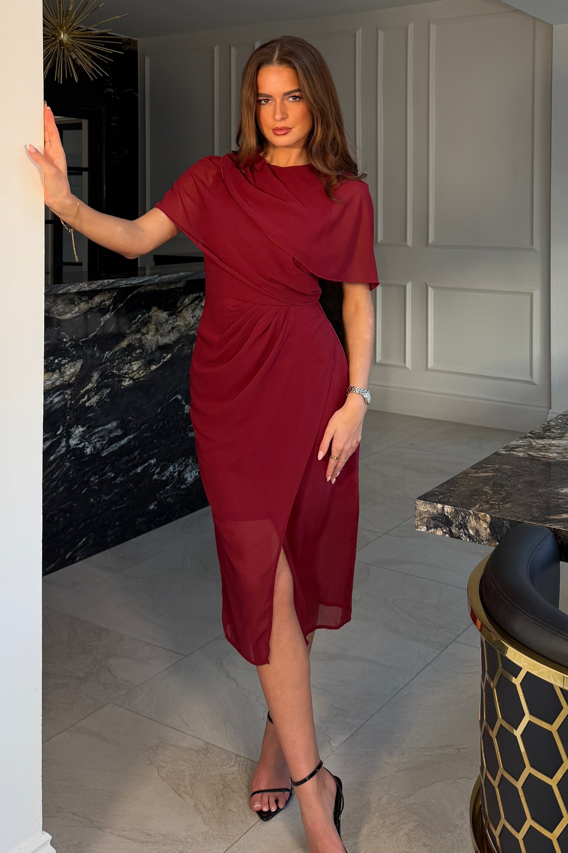 Vivienne Cape Detail Wrap Midi Dress Wine