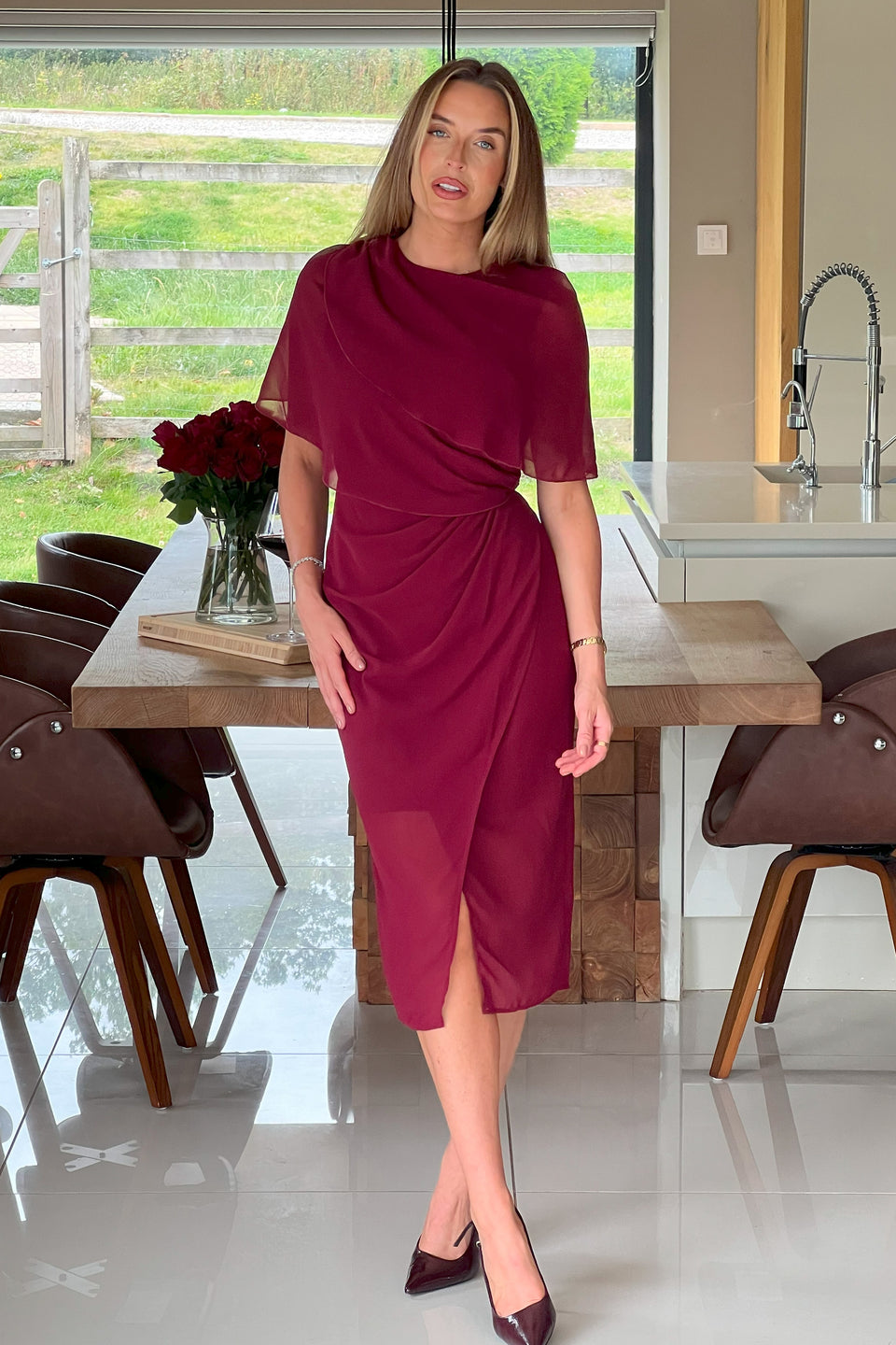 Vivienne Cape Detail Wrap Skirt Midi Dress Wine