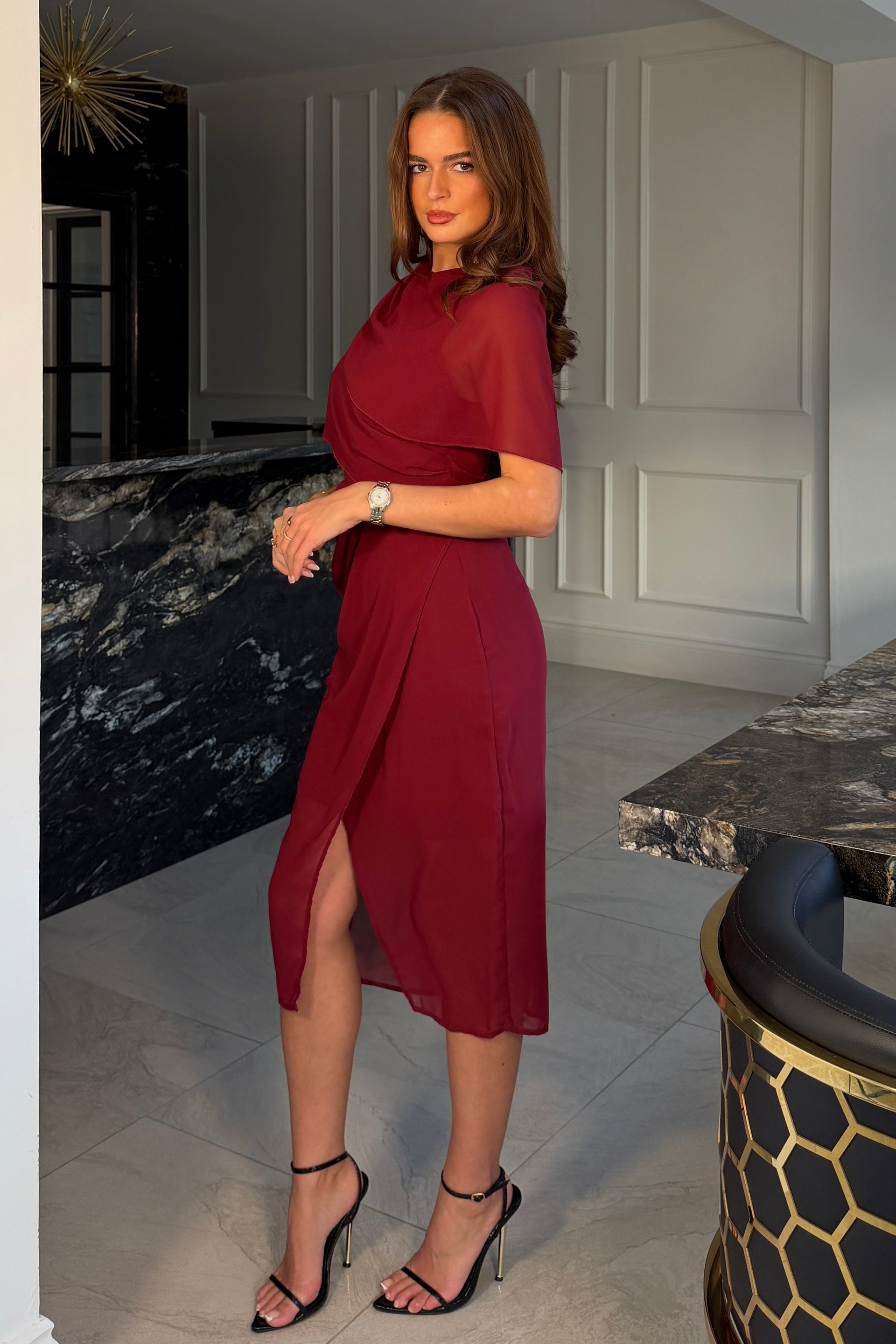 Vivienne Cape Detail Wrap Midi Dress Wine