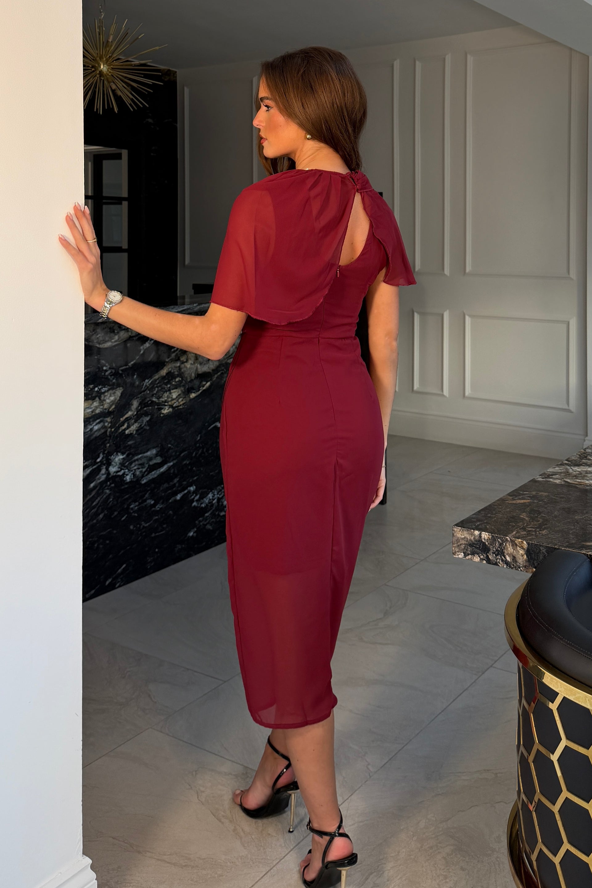 Vivienne Cape Detail Wrap Midi Dress Wine