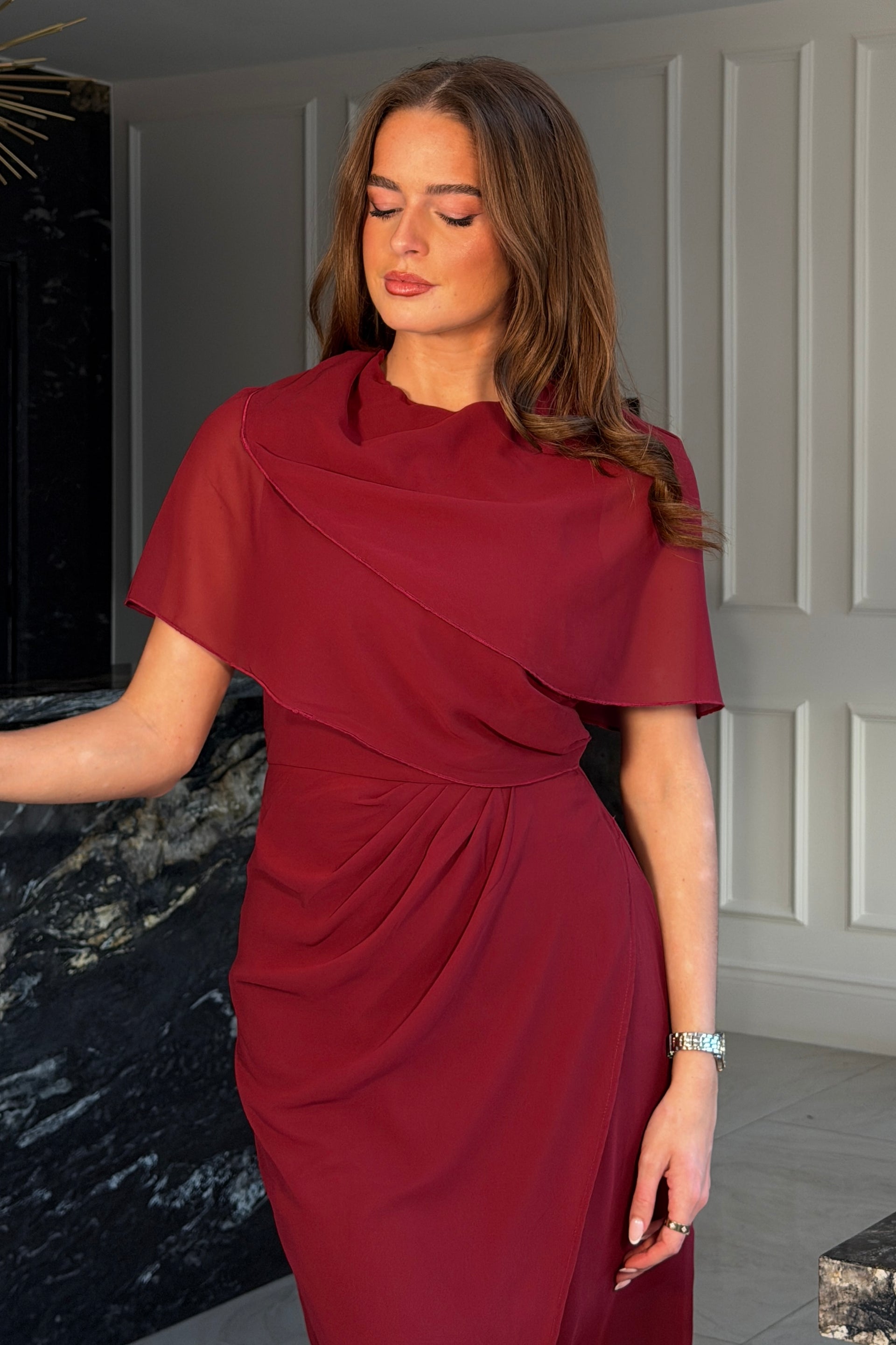 Vivienne Cape Detail Wrap Midi Dress Wine