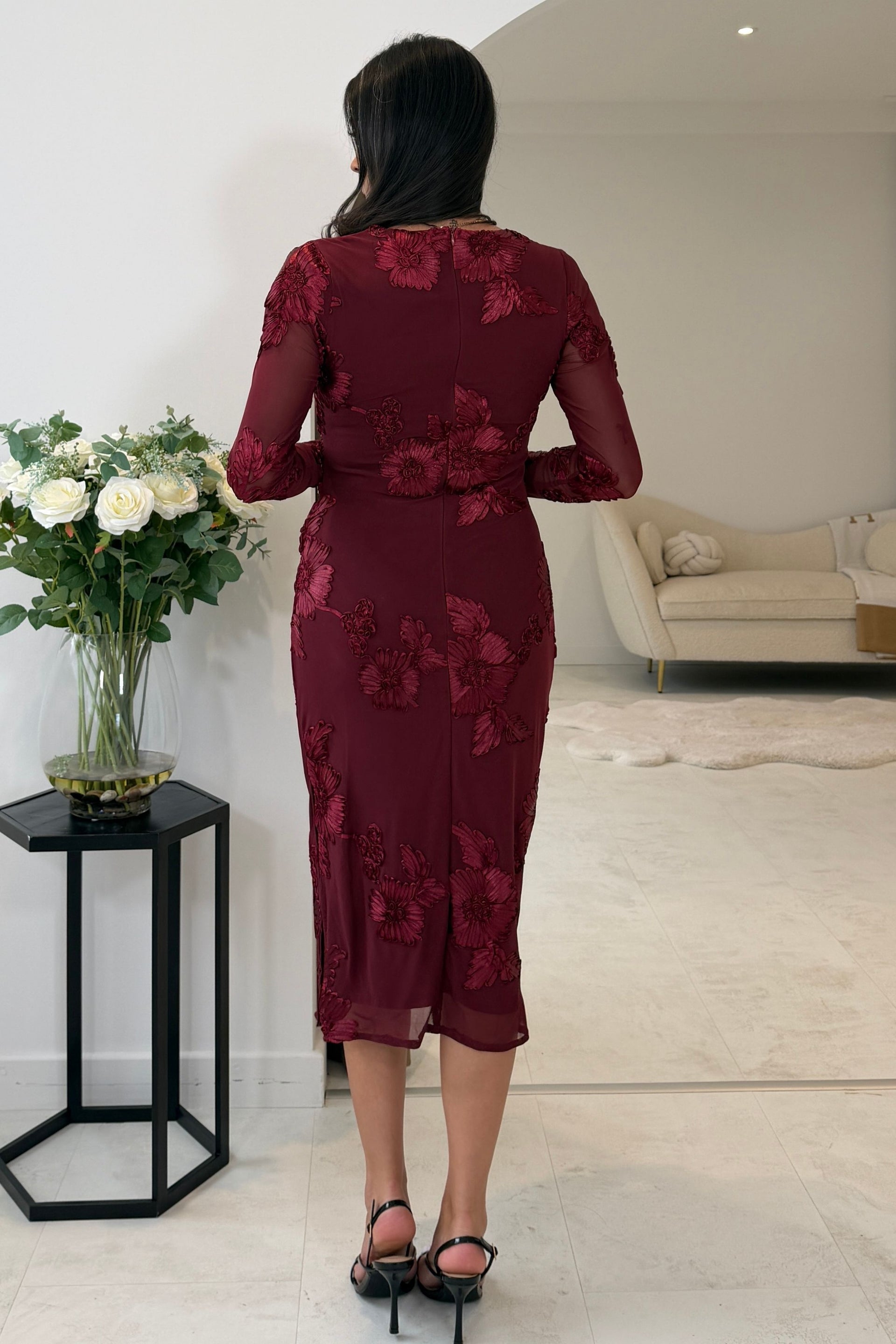 Elodie Floral Embroidered Mesh Bodycon Midi Dress Plum