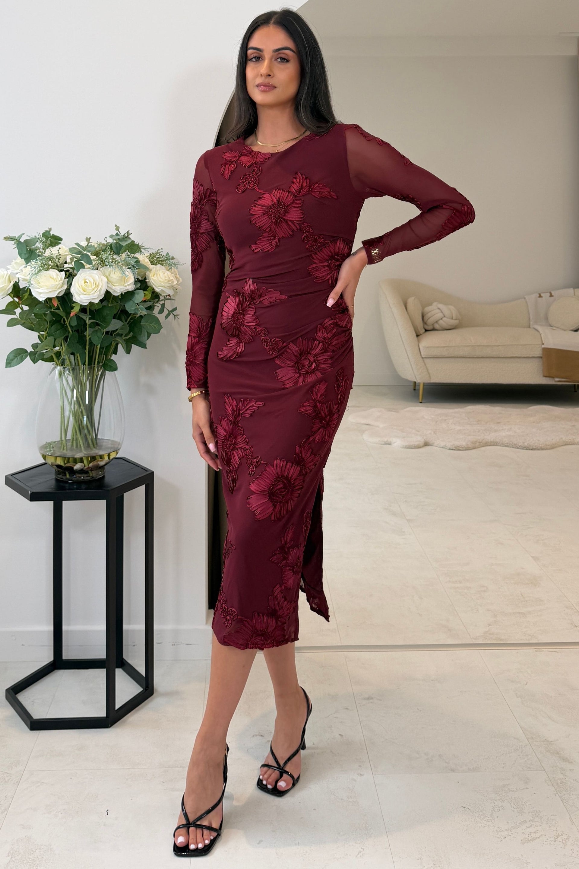 Elodie Floral Embroidered Mesh Bodycon Midi Dress Plum