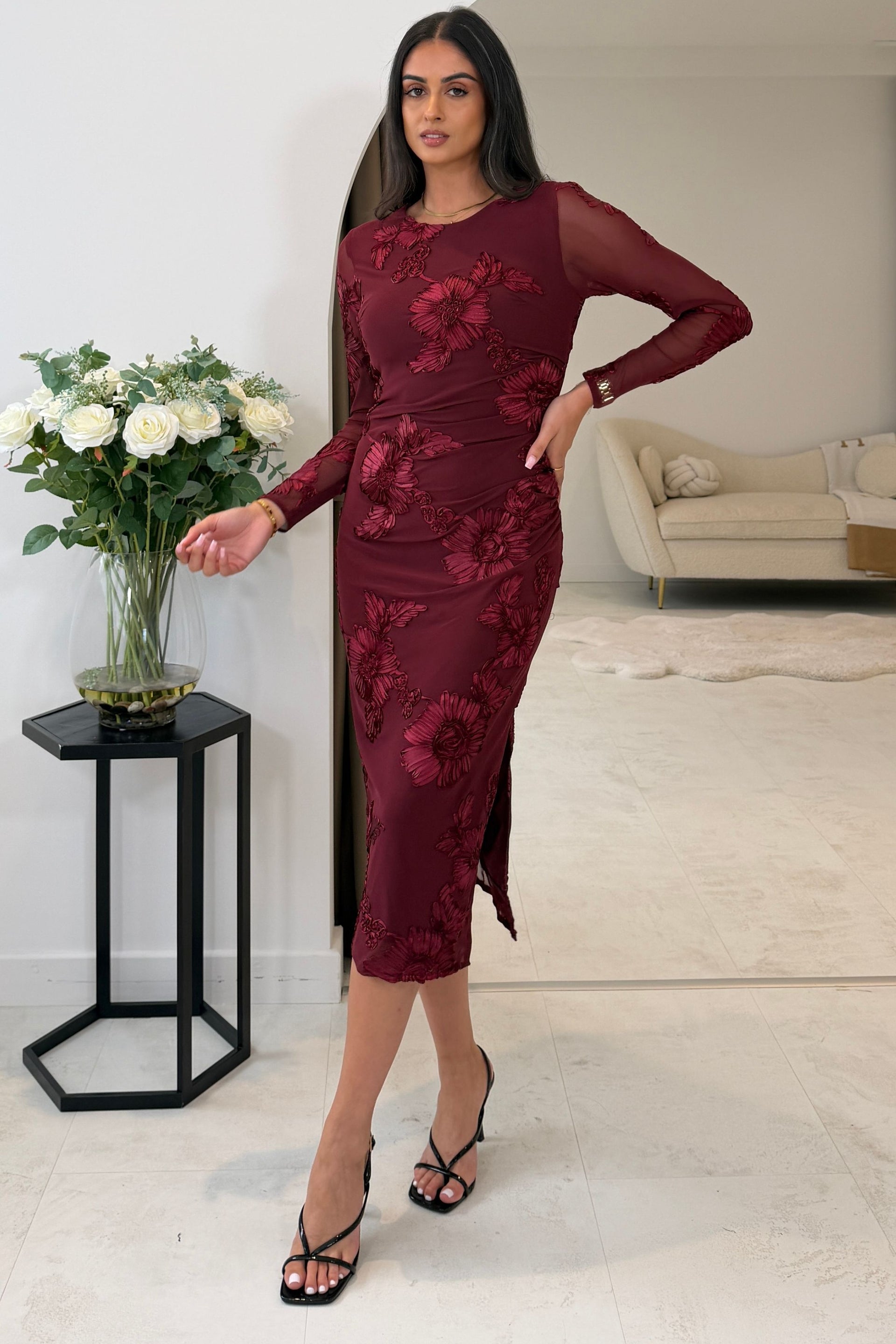 Elodie Floral Embroidered Mesh Bodycon Midi Dress Plum