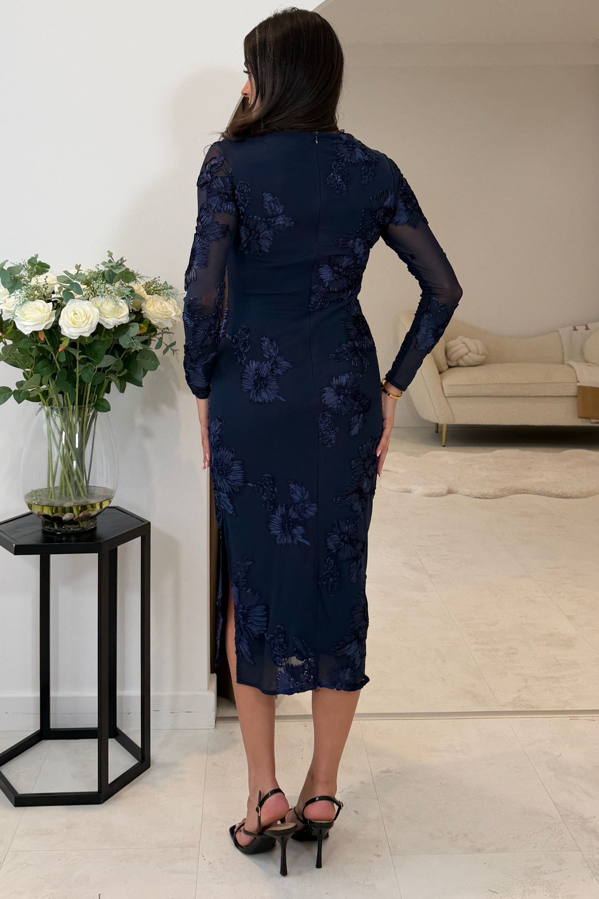 Elodie Floral Embroidered Mesh Bodycon Dress Midi Navy