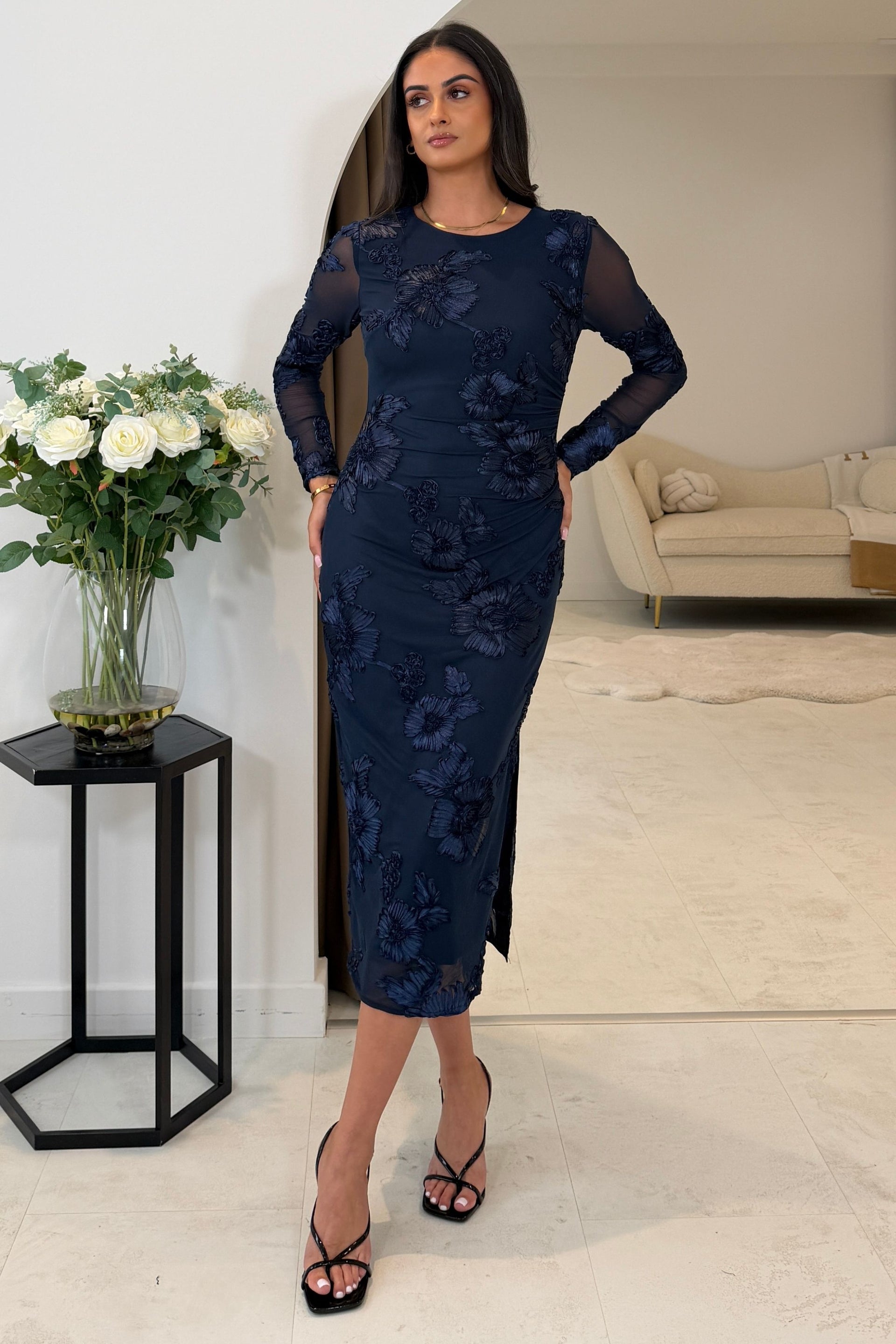 Elodie Floral Embroidered Mesh Bodycon Dress Midi Navy