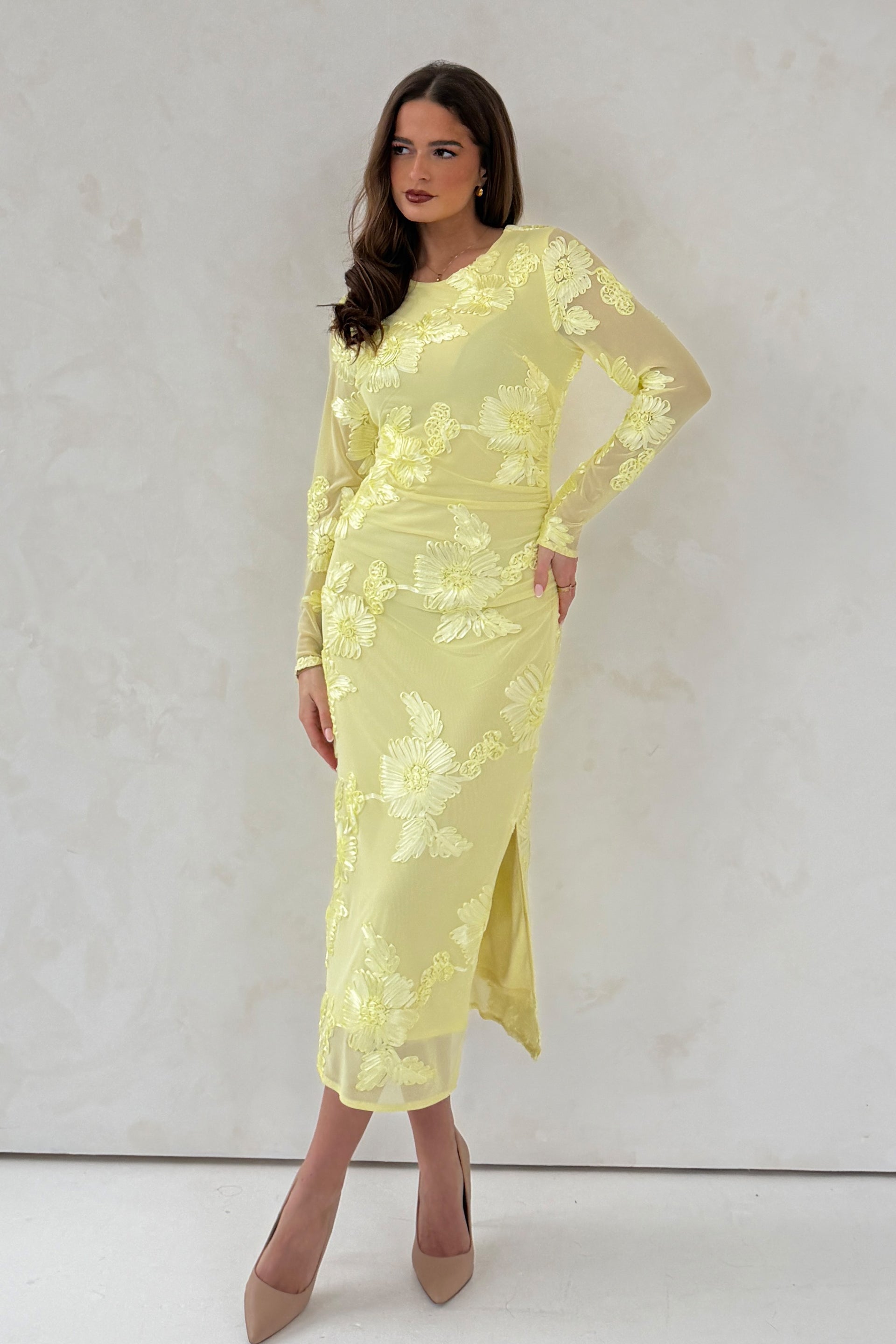 Elodie Floral Embroidered Mesh Bodycon Midi Dress Yellow