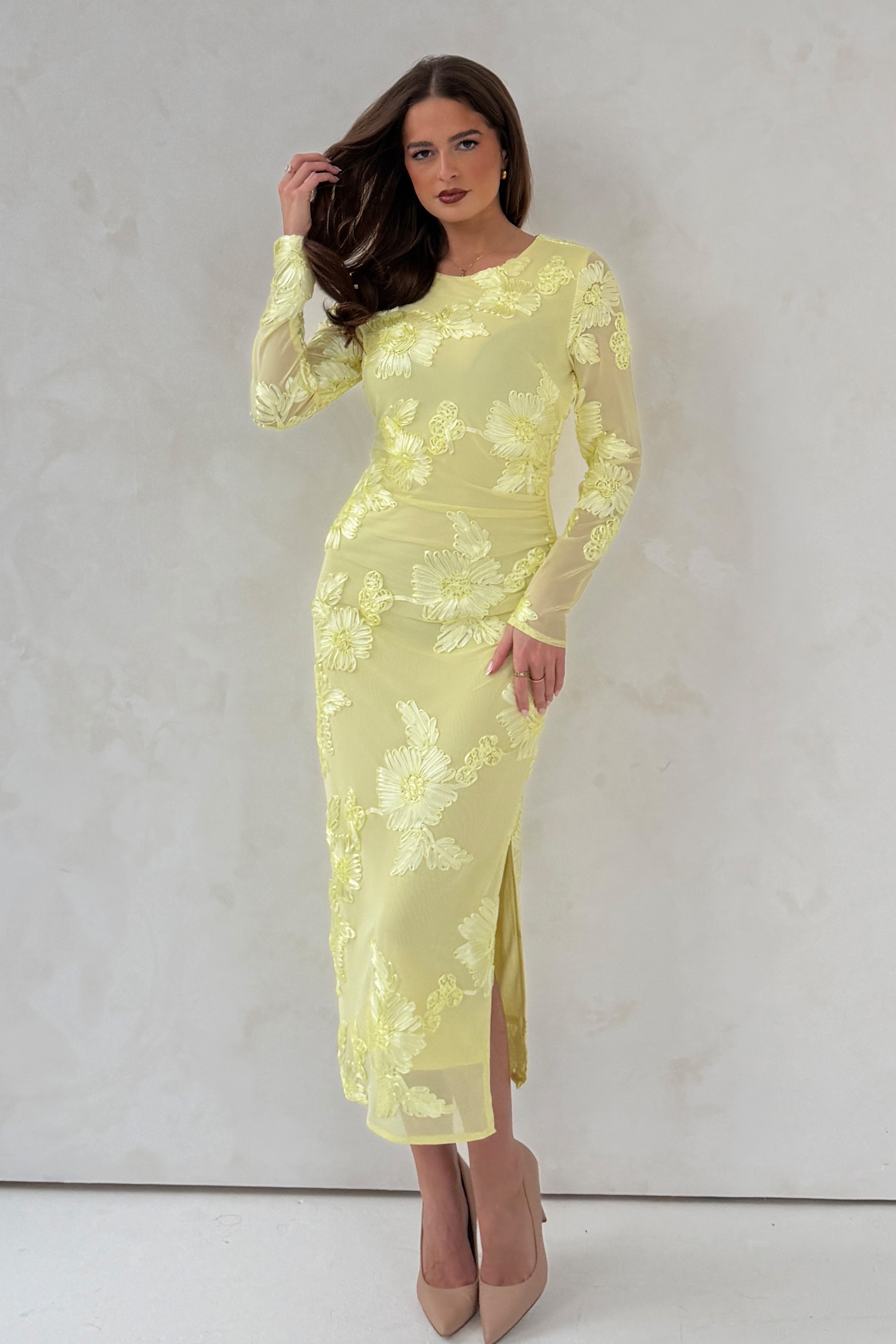Elodie Floral Embroidered Mesh Bodycon Midi Dress Yellow
