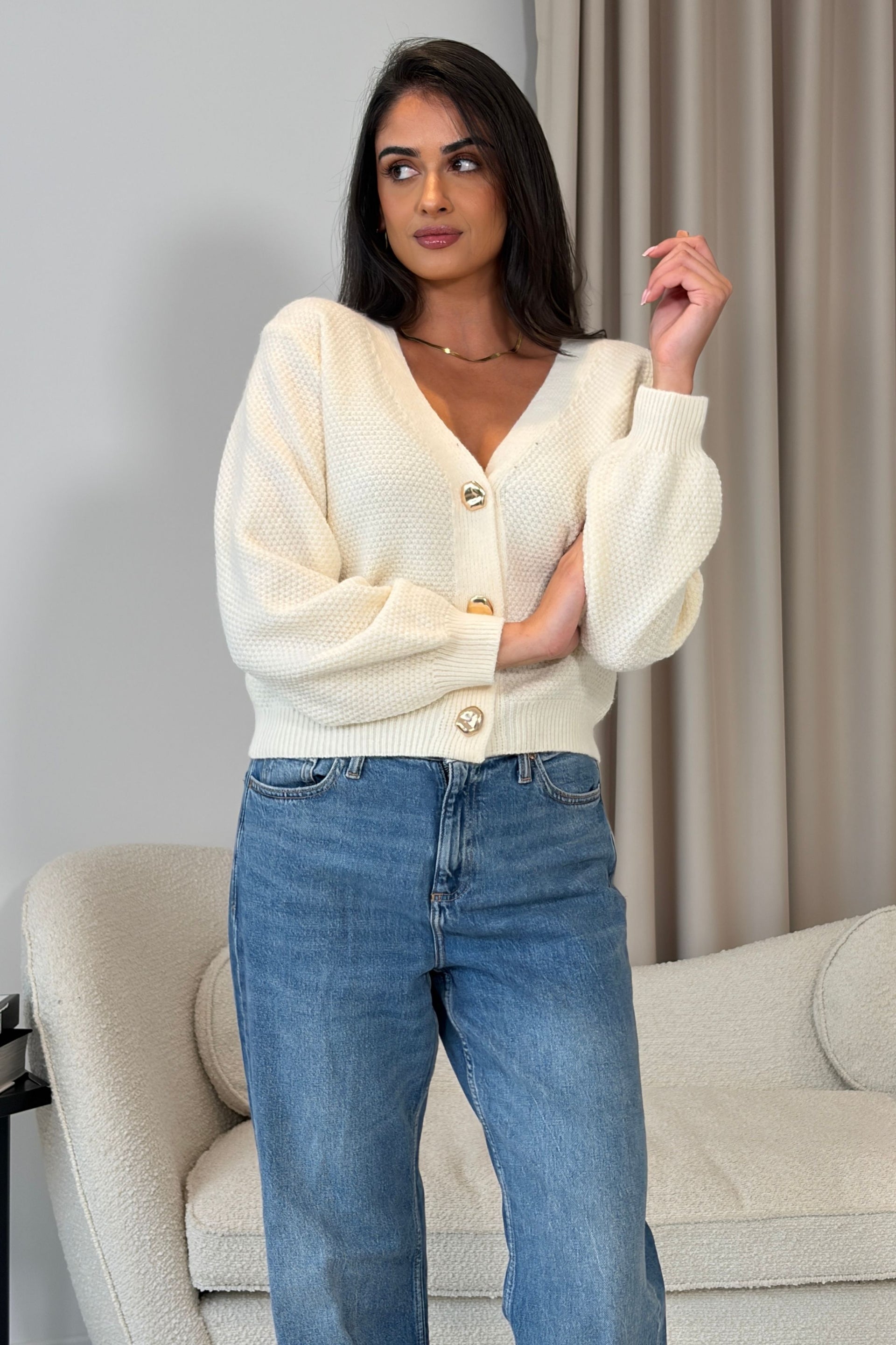 Dominique V Neck Gold Button Cardigan Cream