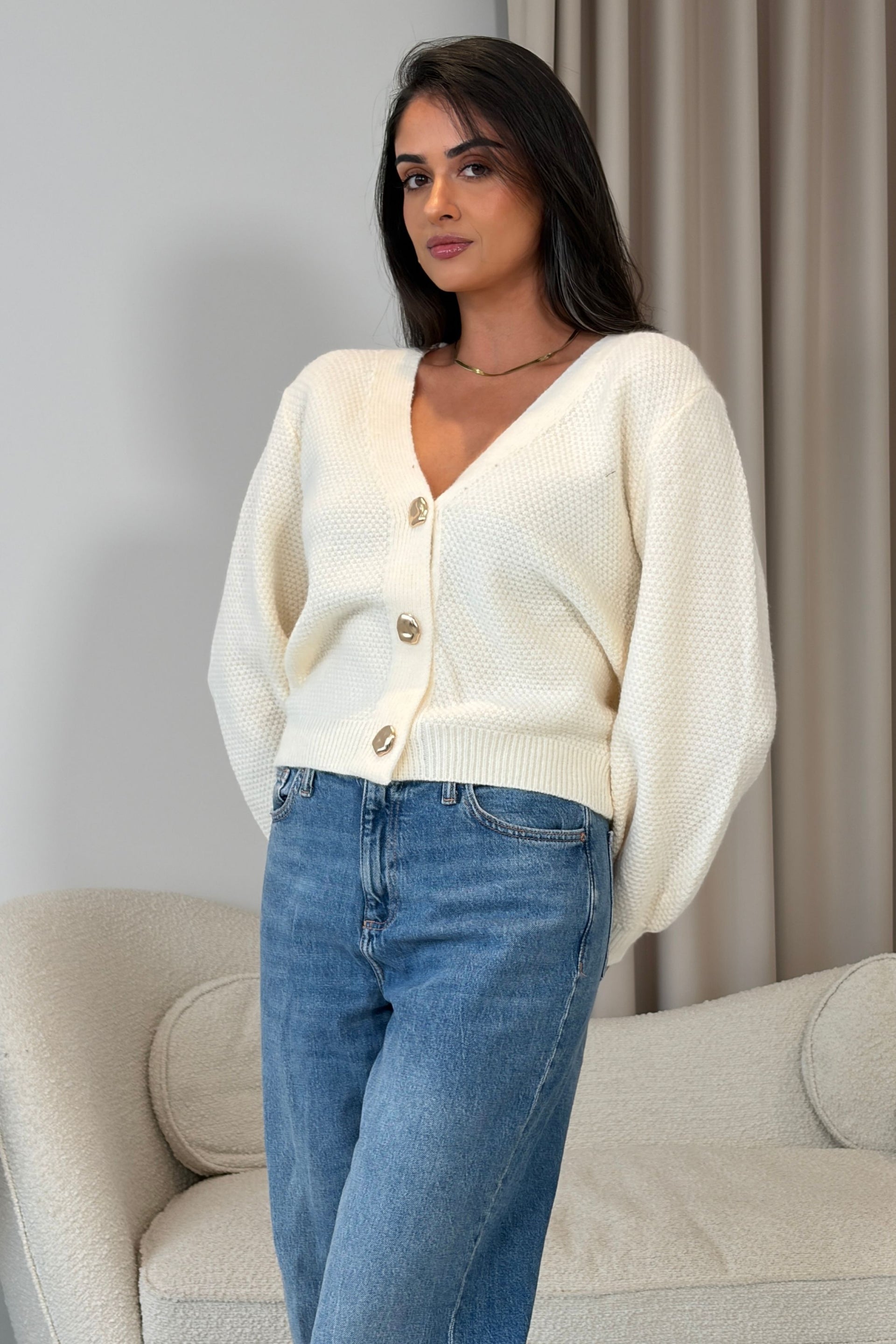 Dominique V Neck Gold Button Cardigan Cream