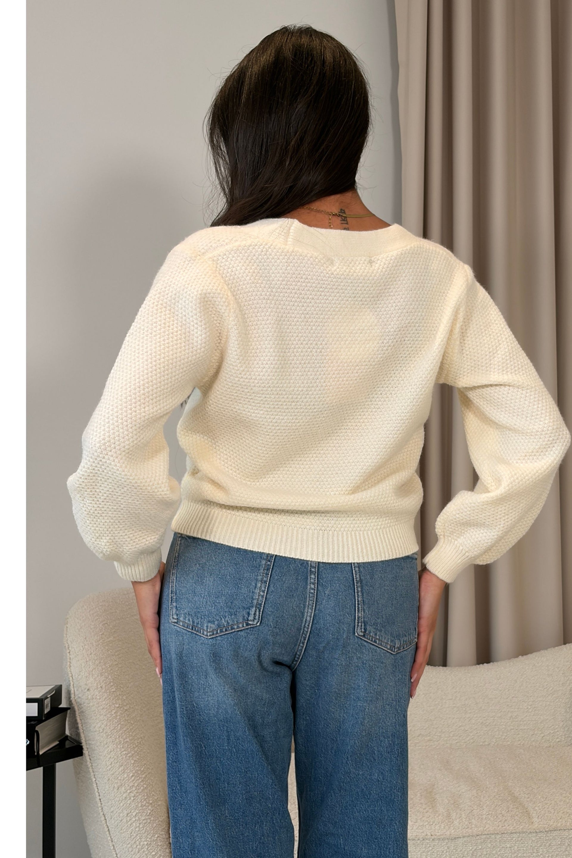 Dominique V Neck Gold Button Cardigan Cream