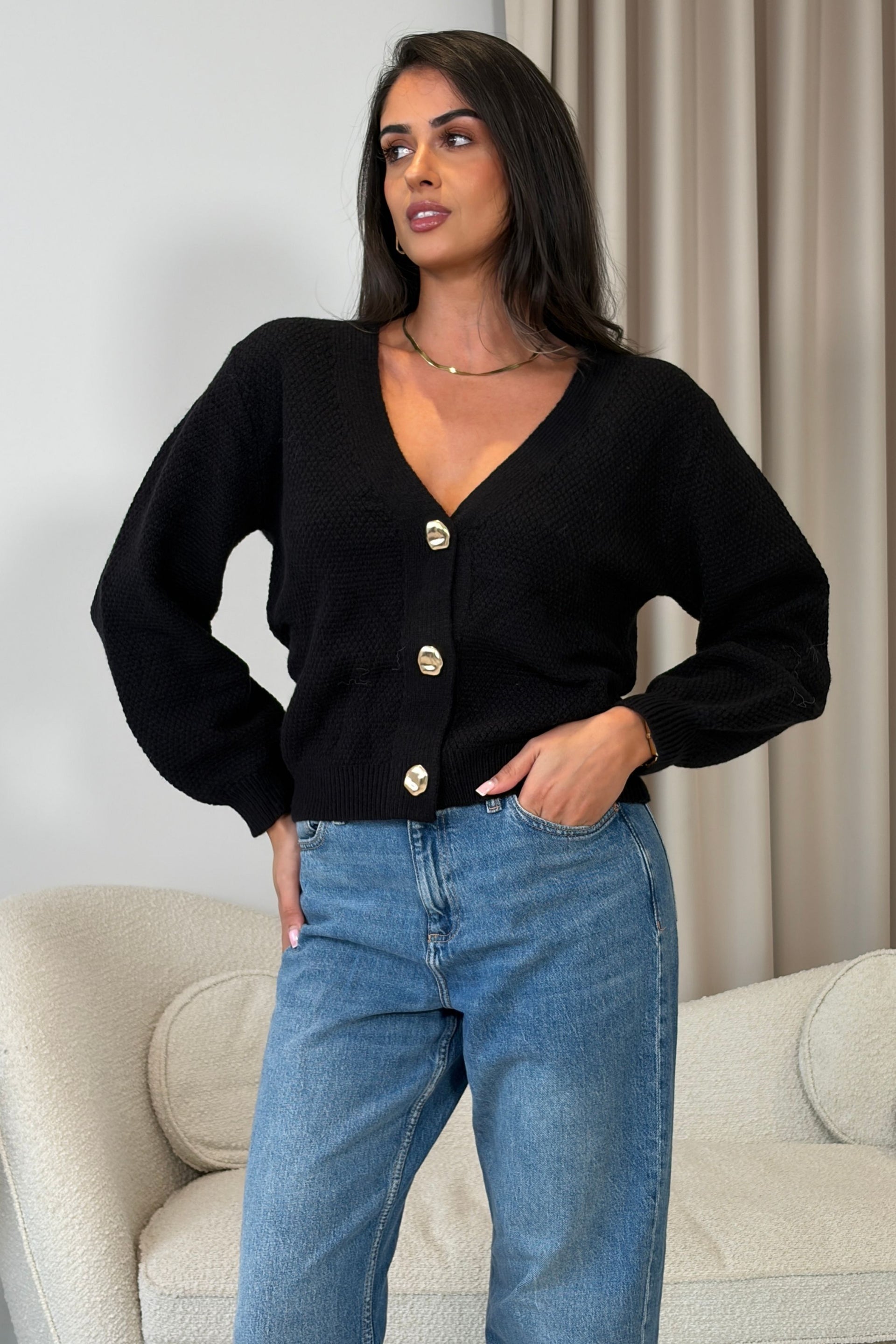 Dominique V Neck Gold Button Cardigan Black