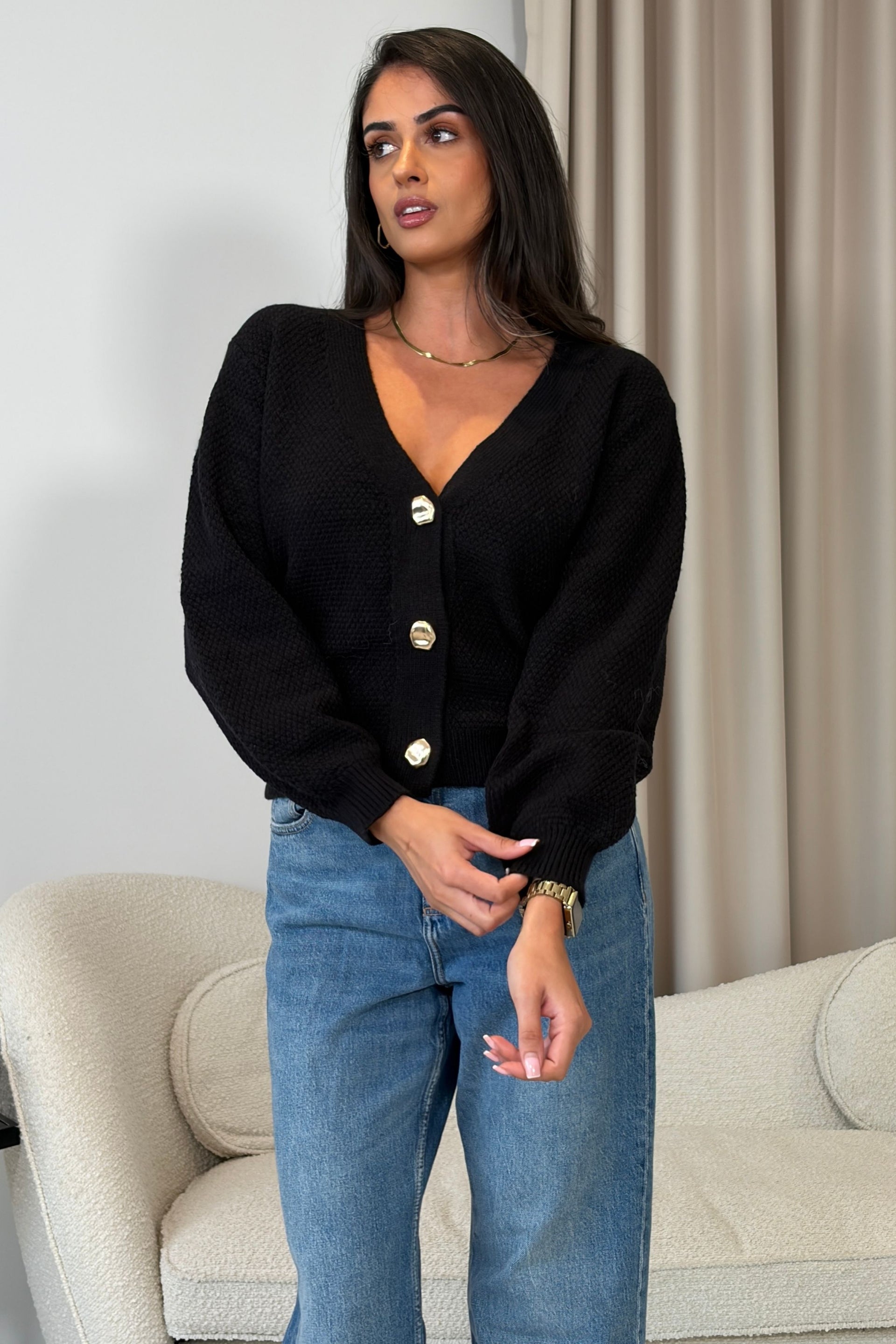 Dominique V Neck Gold Button Cardigan Black