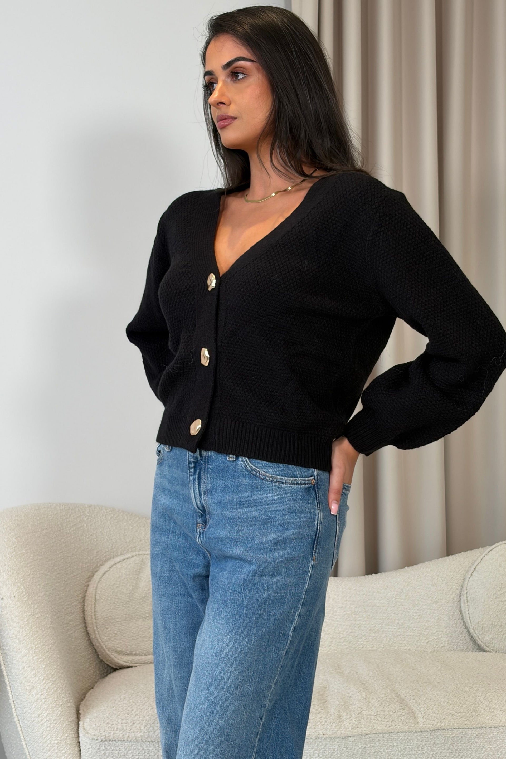 Dominique V Neck Gold Button Cardigan Black