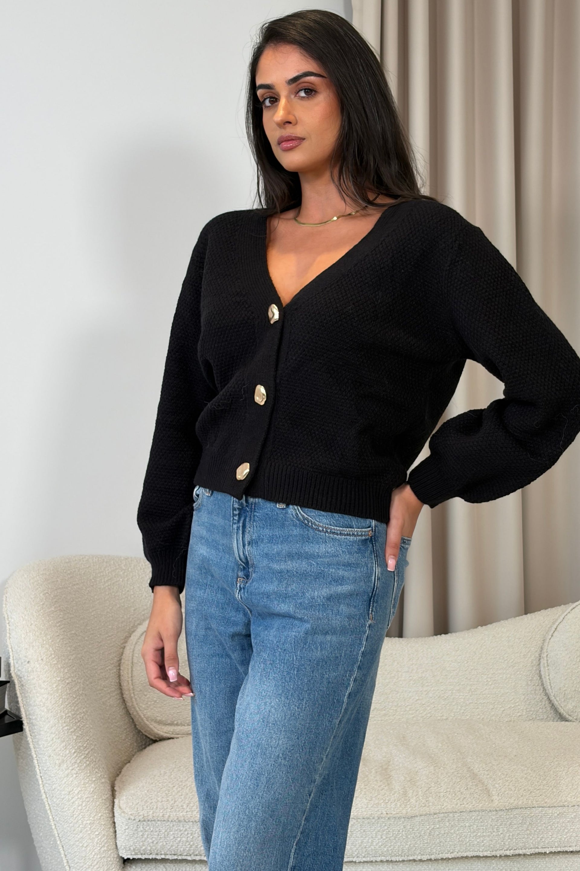 Dominique V Neck Gold Button Cardigan Black