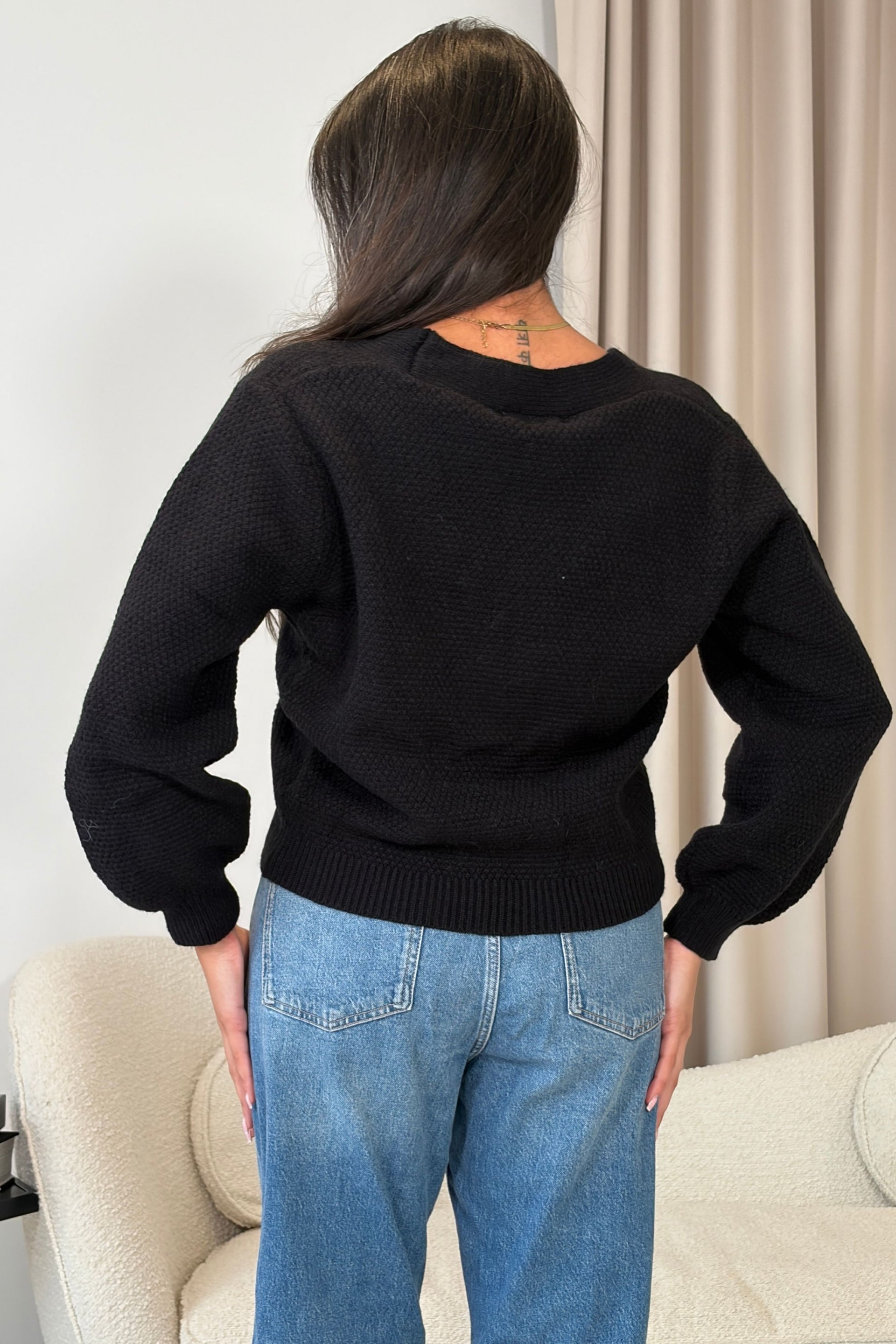 Dominique V Neck Gold Button Cardigan Black