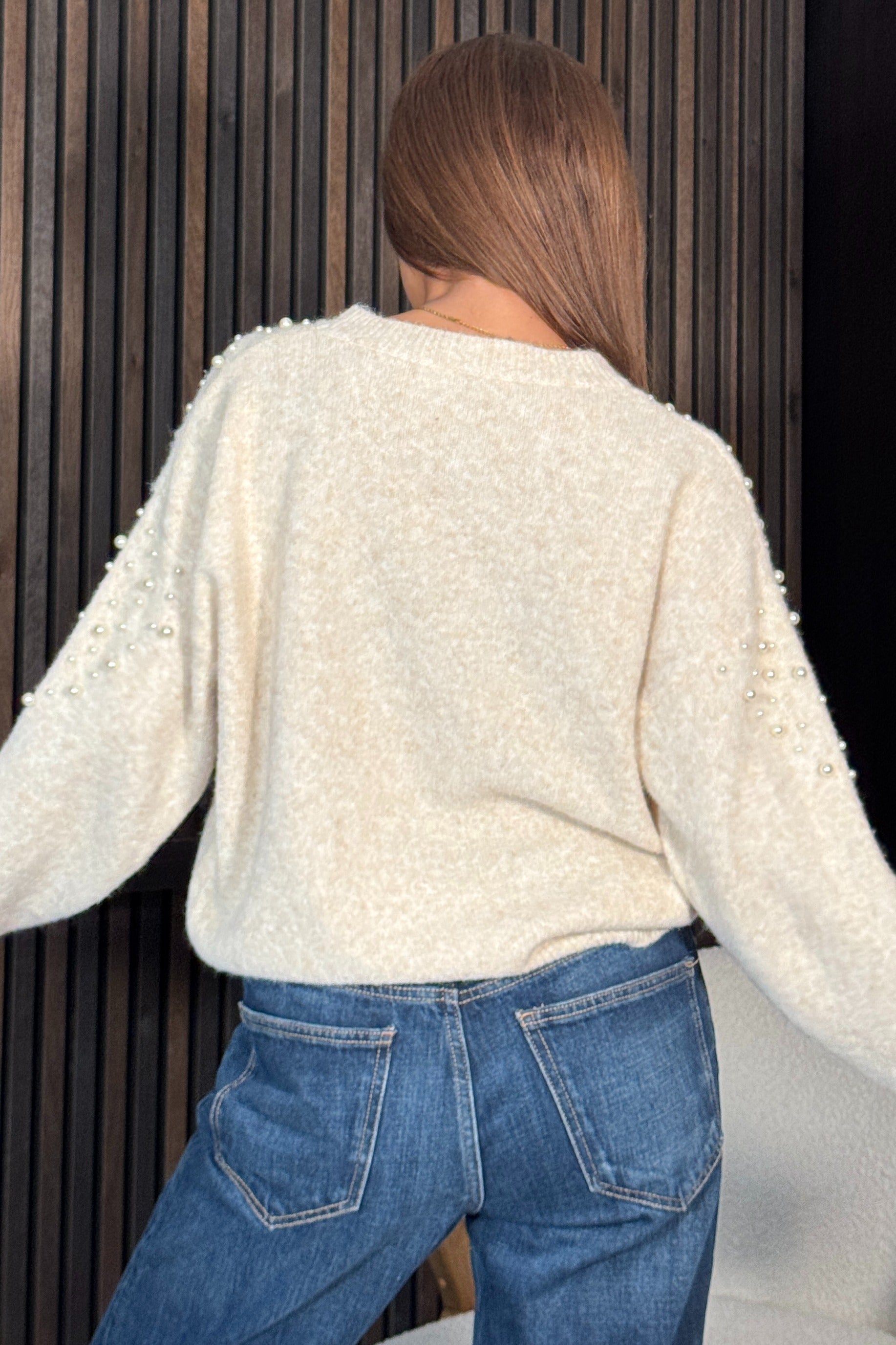 Rosaria Pearl Detail Round Neck Jumper Cream
