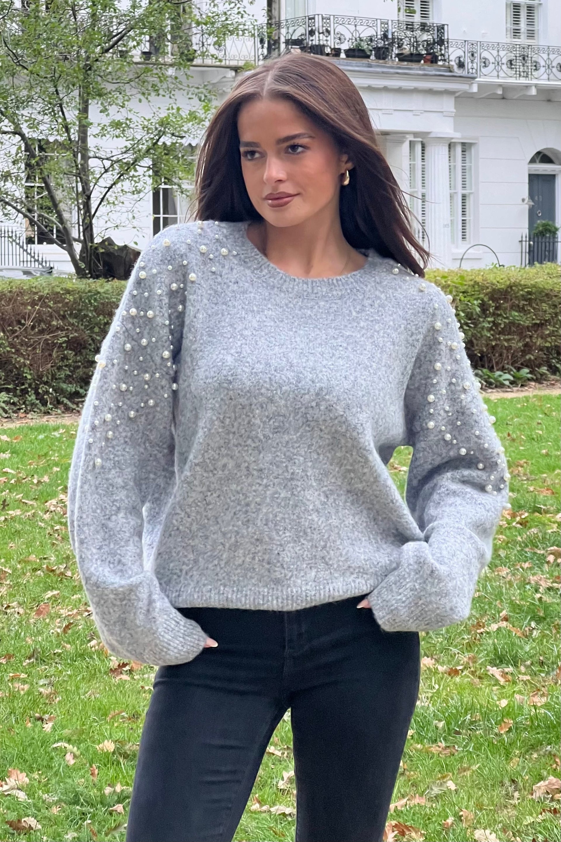 Rosaria Pearl Detail Round Neck Jumper Grey