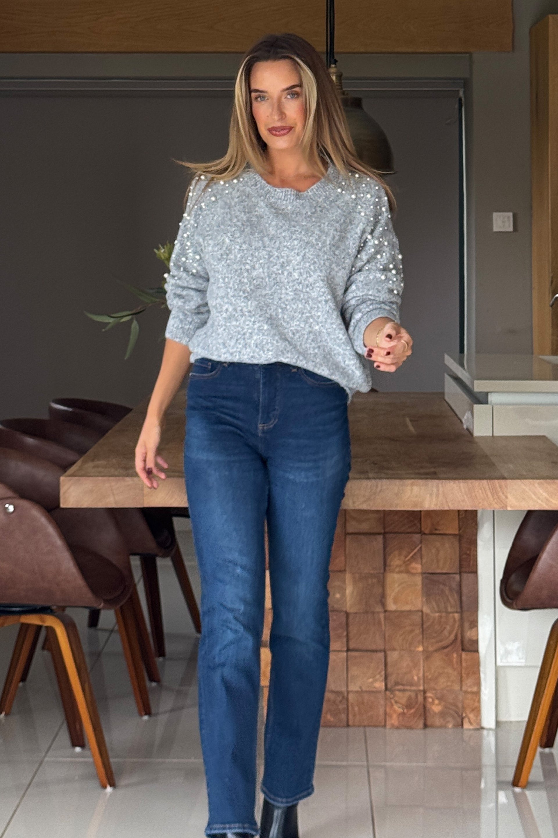 Rosaria Pearl Detail Round Neck Jumper Grey