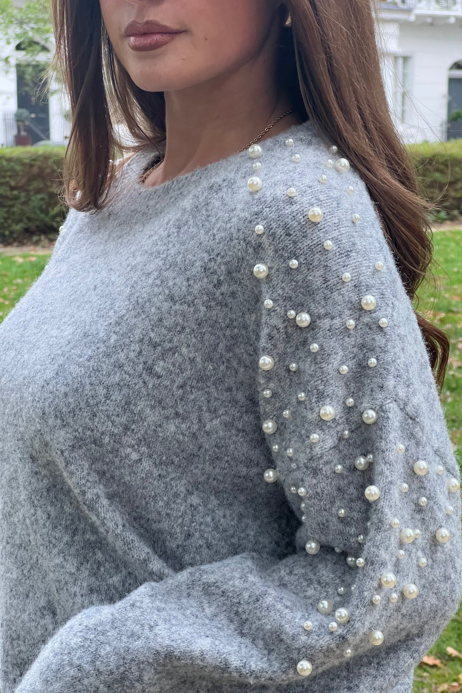 Rosaria Pearl Detail Round Neck Jumper Grey