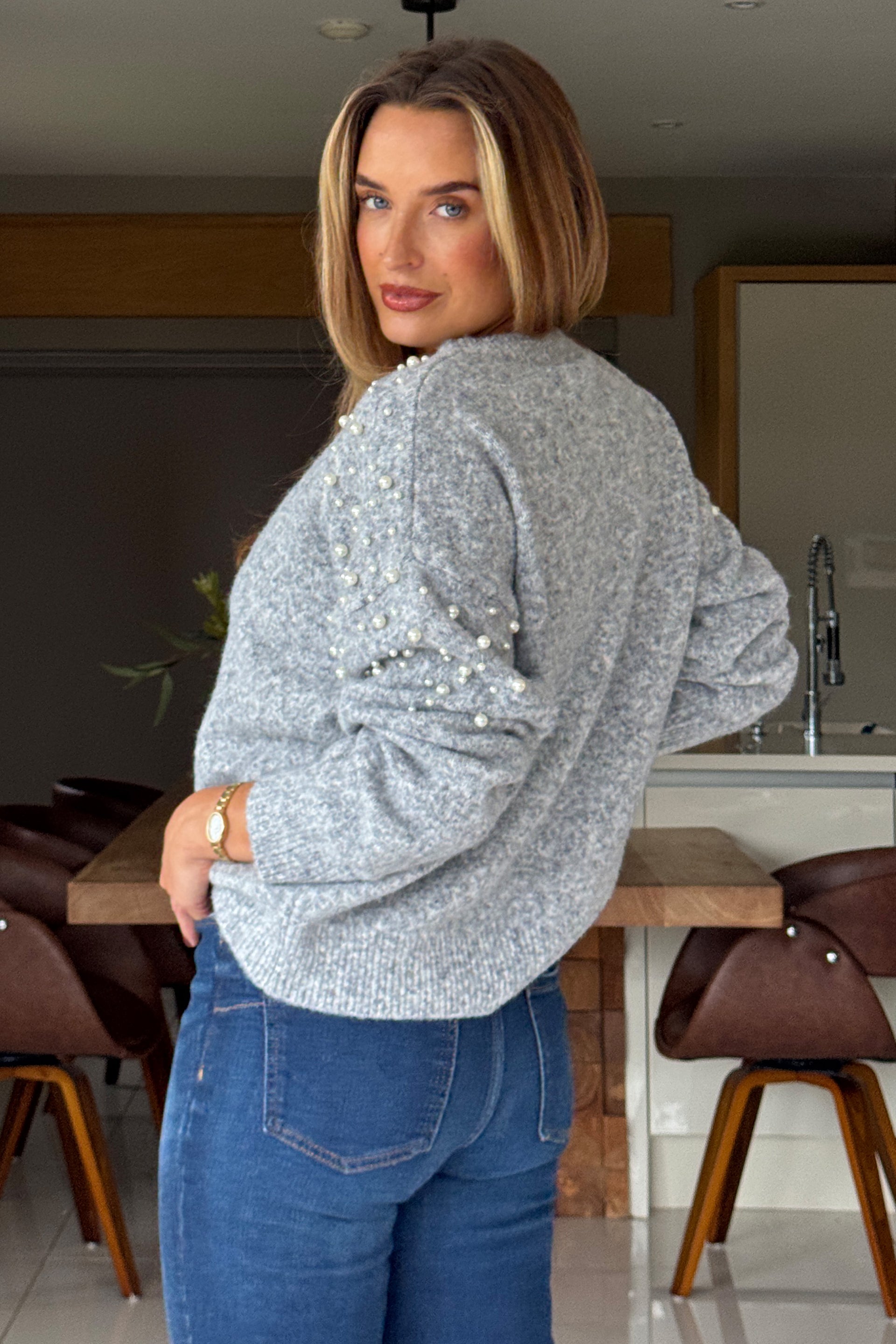 Rosaria Pearl Detail Round Neck Jumper Grey